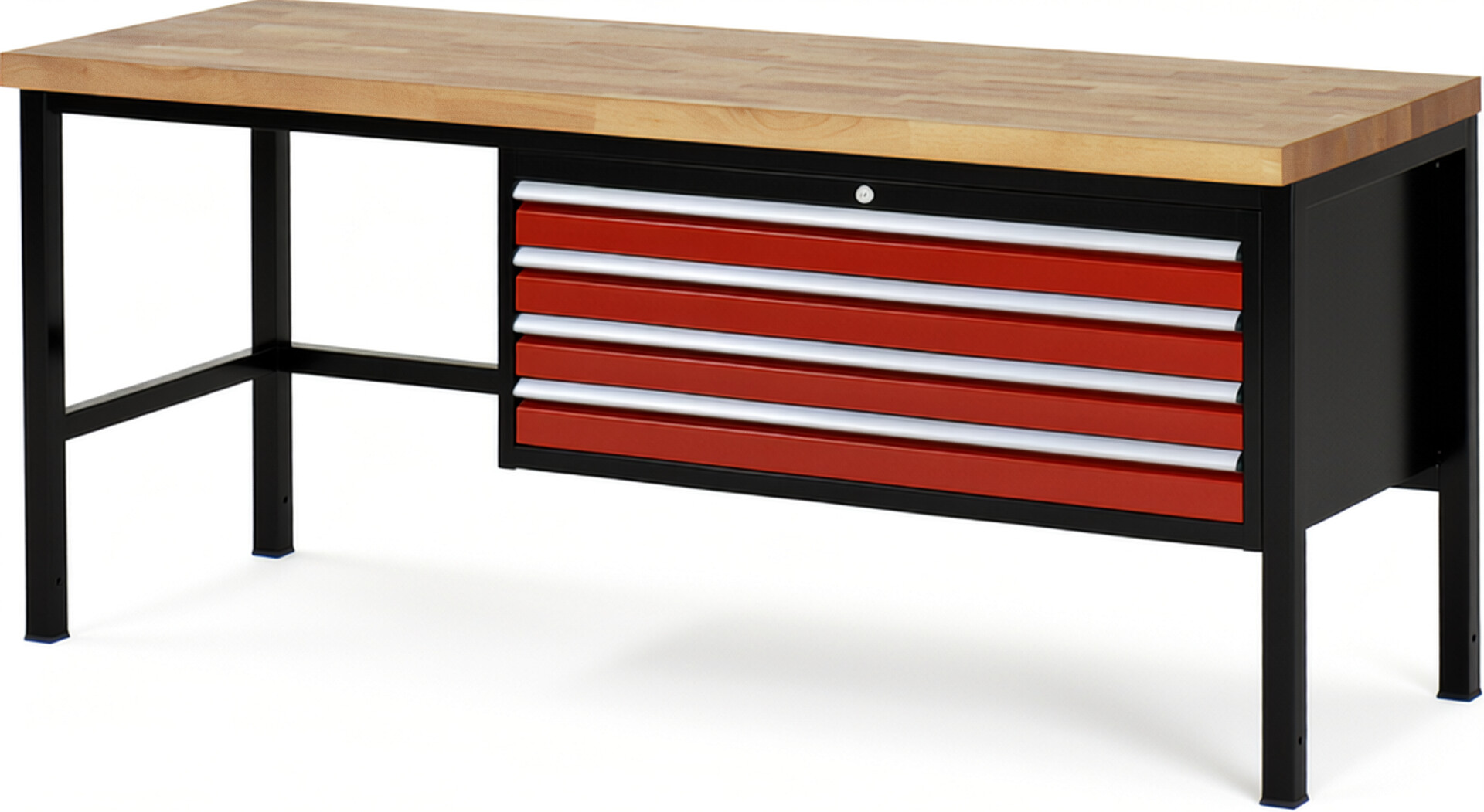 RAU Werkbank schwarz - rot - Breite 200 cm - Tiefe 70 cm - Höhe 104 cm - Buche-Massiv Arbeitsplatte 40 mm