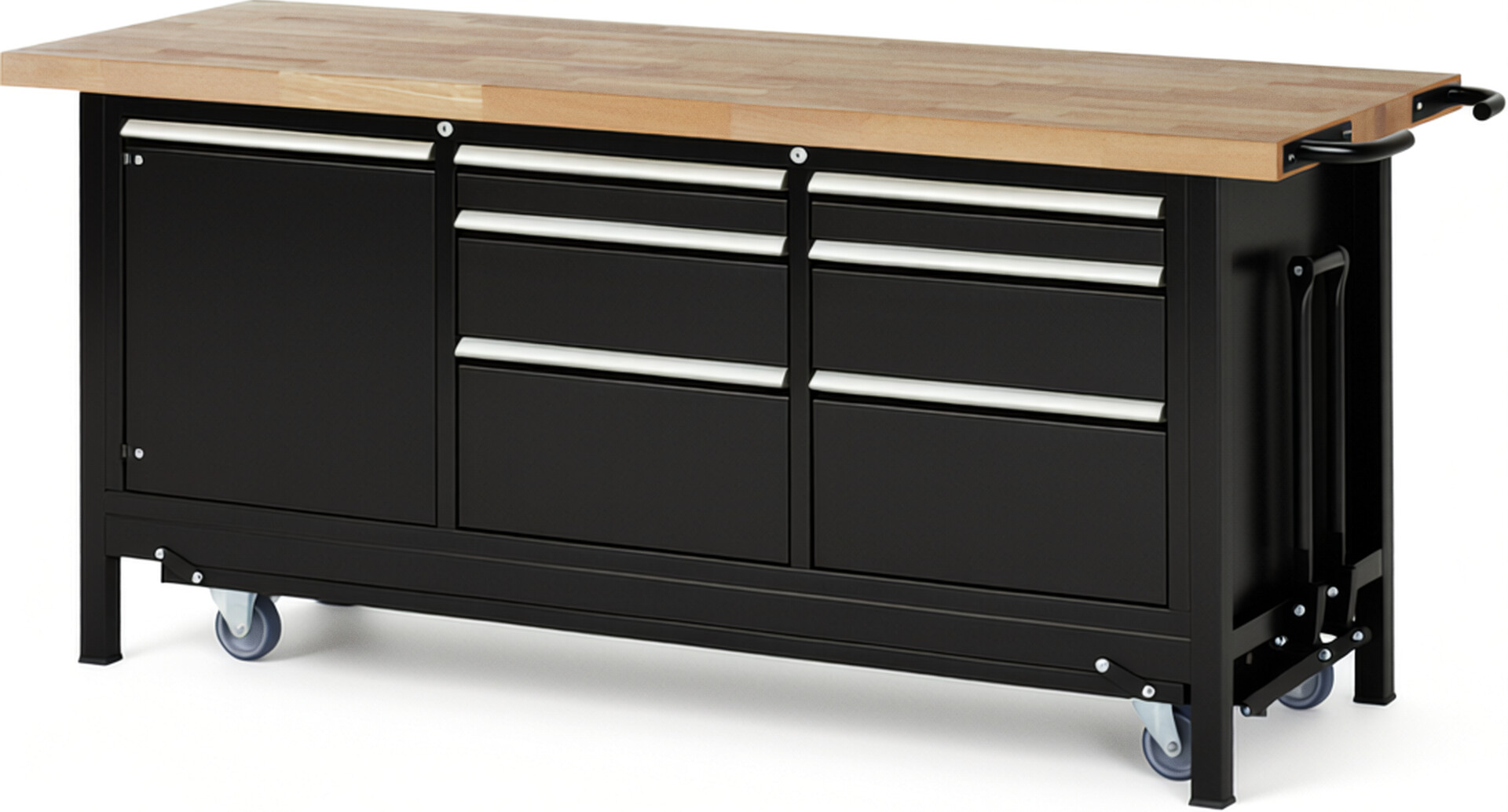 Absenkbare Werkbank Modell 8570 schwarz, BxTxH 2000x700x880 mm,  Buche-Massiv Arbeitsplatte 40 mm,  6 Schubladen mit  Vollauszug 100 % und  SoftClosing