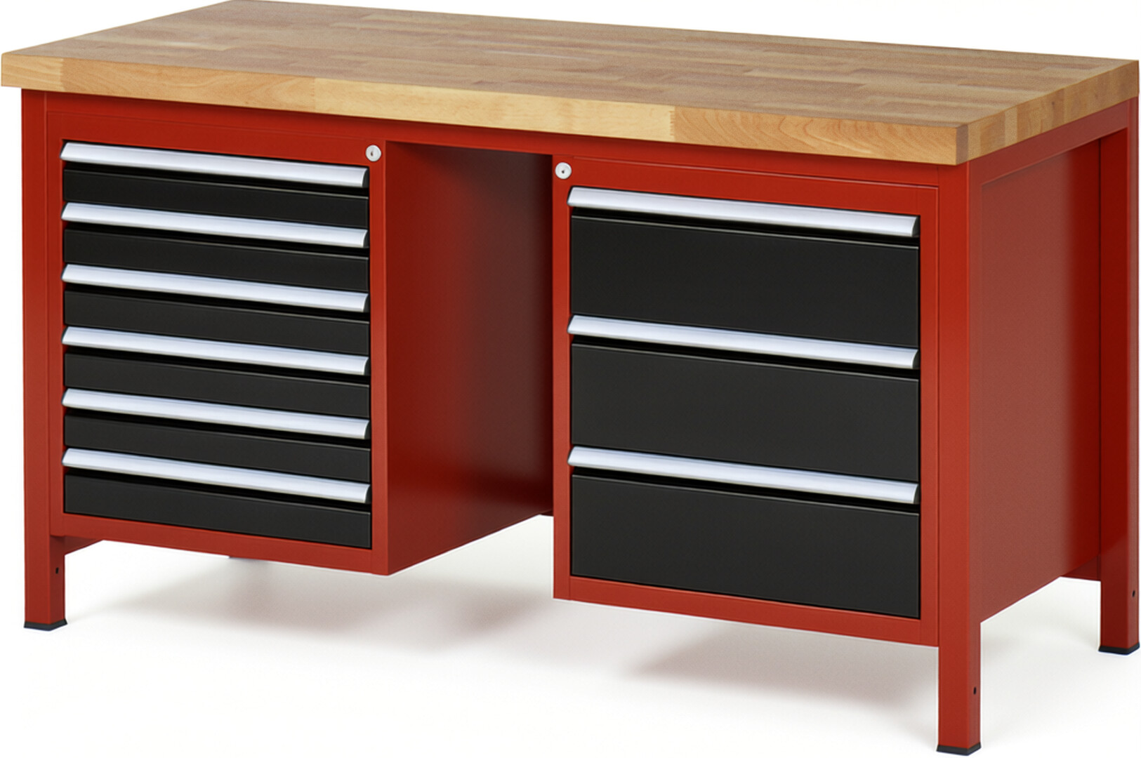 Werkbank Modell 8183 rot - schwarz, BxTxH 1500x700x840 mm,  Buche-Massiv Arbeitsplatte 40 mm,  9 Schubladen mit  Vollauszug 100 % und  SoftClosing