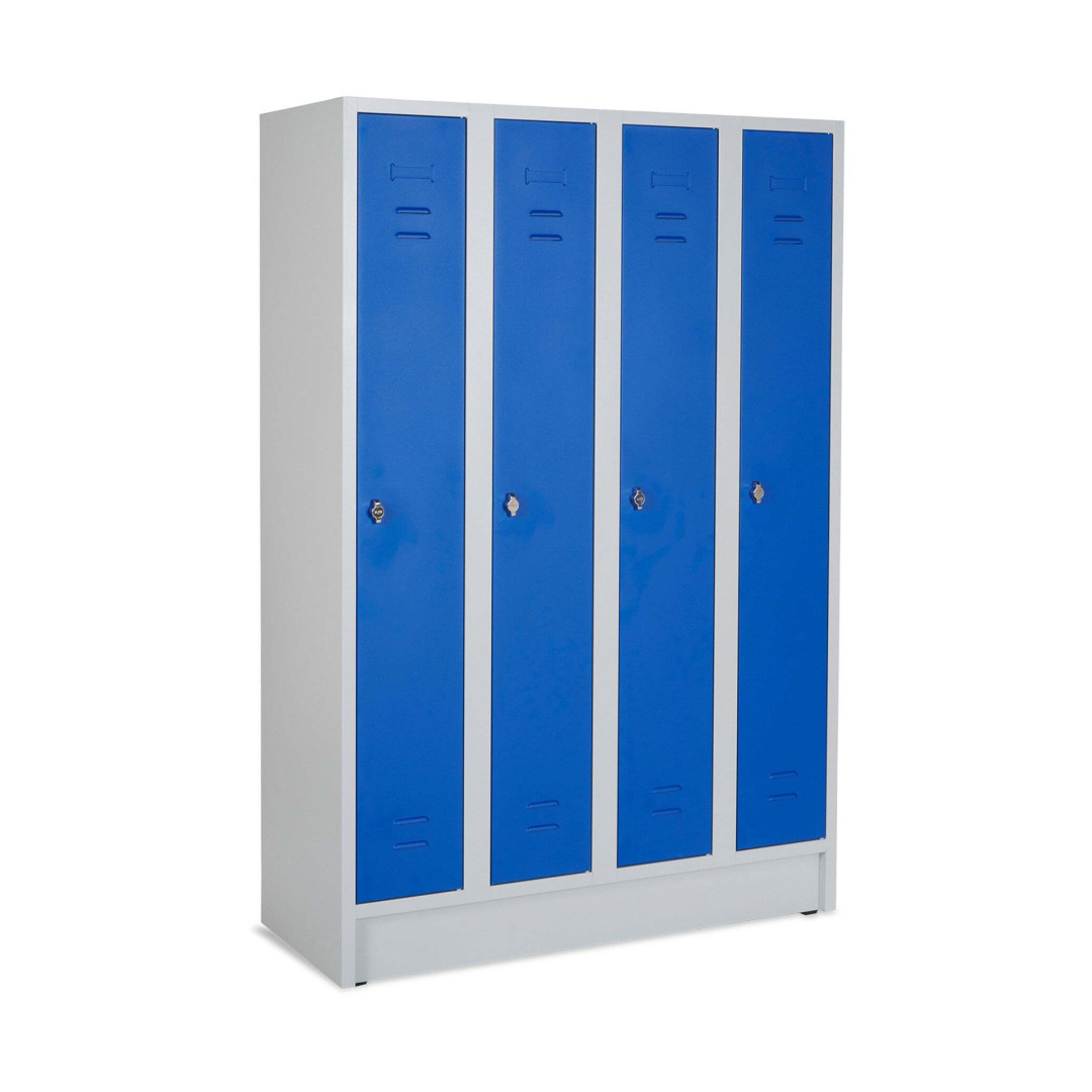 Kleiderspind, 4 Abteile, Abteilbreite 300 mm, Höhe 180 cm, Breite 120 cm, RAL 7035 Lichtgrau / RAL 5010 Enzianblau, mit Sockel, Drehriegelschloss