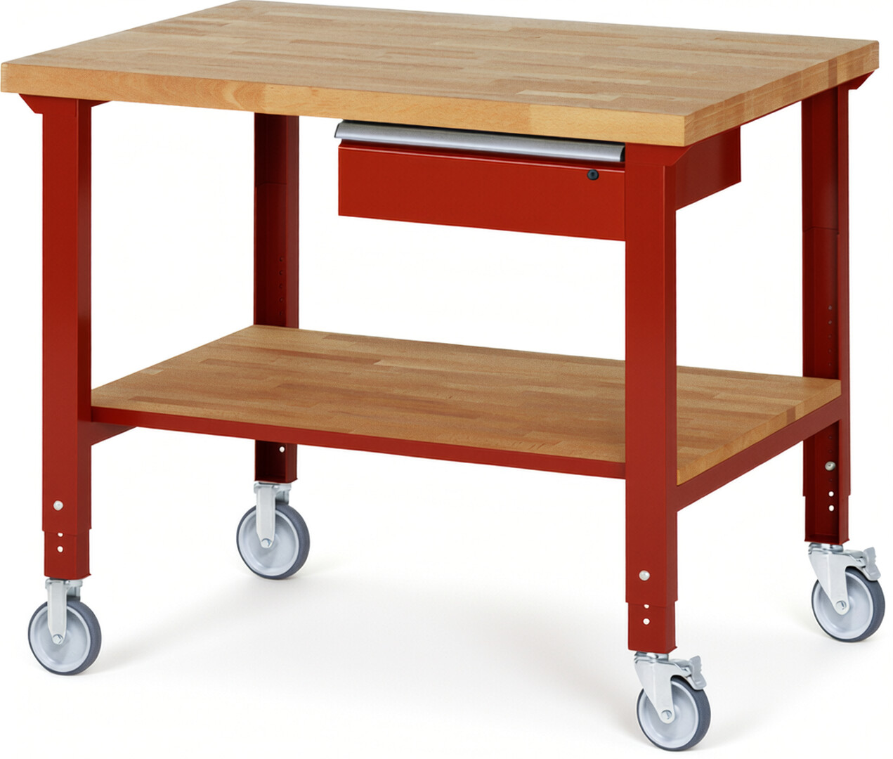 Fahrbare Werkbank Modell 7001 rot, BxTxH 1250x900x950-1000 mm,  Buche-Massiv Arbeitsplatte 40 mm,  1 Schublade mit  Auszug 90 %