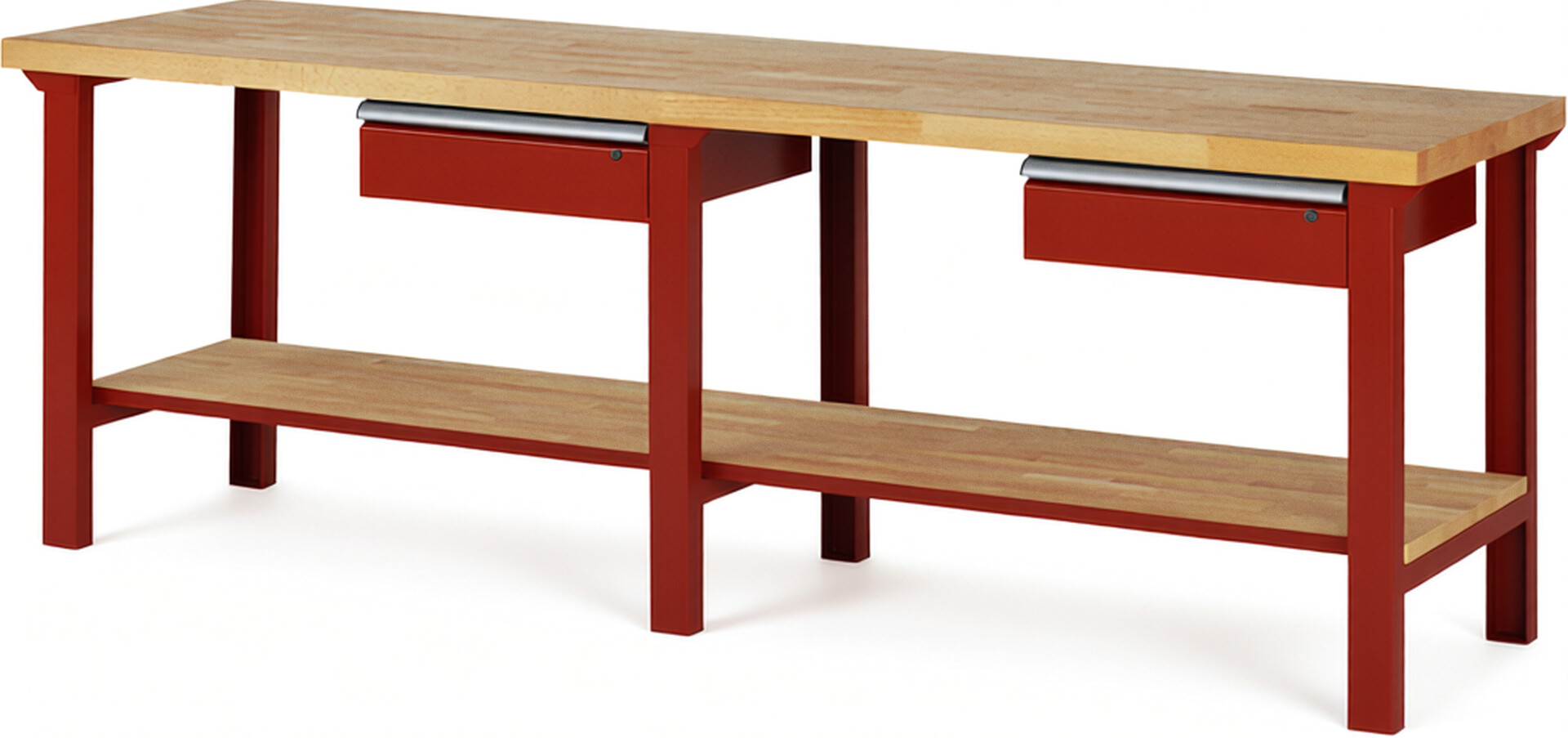 Werkbank Modell 7001 rot, BxTxH 2500x700x840 mm,  Buche-Massiv Arbeitsplatte 40 mm,  2 Schubladen mit  Auszug 90 %