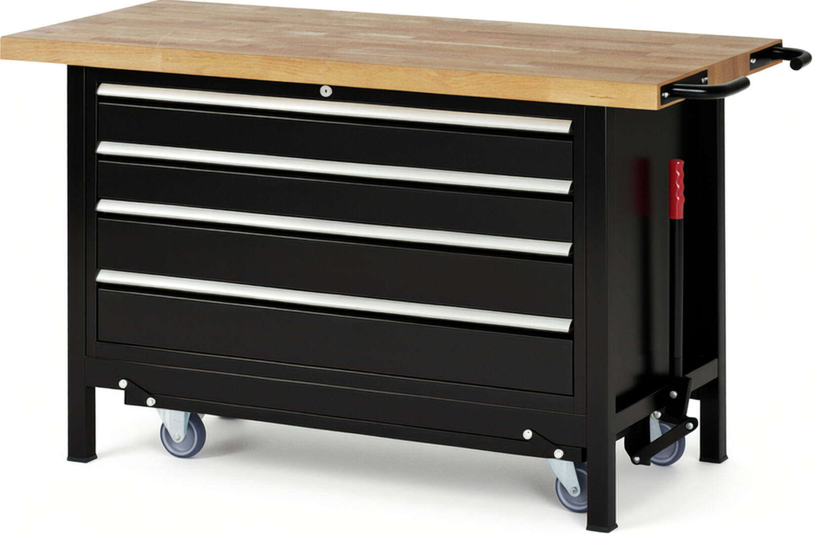 Absenkbare Werkbank Modell 8362 schwarz, BxTxH 1500x700x880 mm,  Buche-Massiv Arbeitsplatte 40 mm,  4 Schubladen mit  Vollauszug 100 % und  SoftClosing