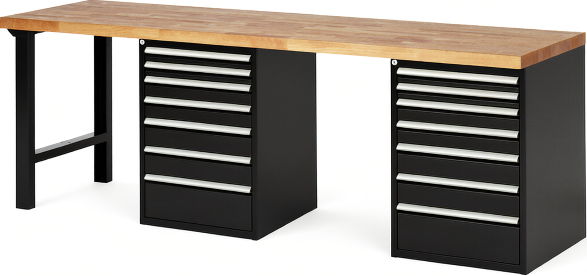 Werkbank Modell 7517 schwarz, BxTxH 2500x700x890 mm,  Buche-Massiv Arbeitsplatte 40 mm,  14 Schubladen mit  Vollauszug 100 % und  SoftClosing