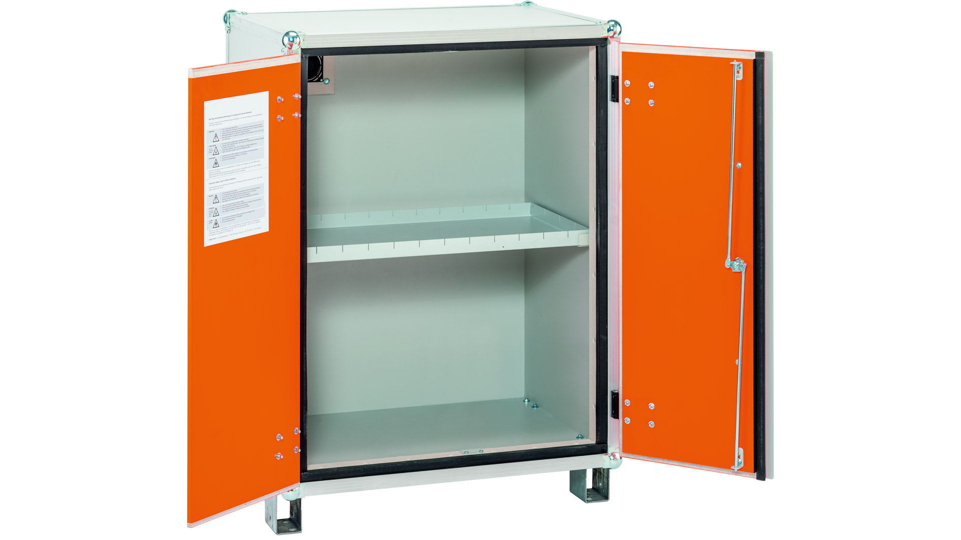 Sicherheitsschrank, Akku-Lagerschrank, Rauchmelder, BxTxH 800x660x1110 mm, Tür orange, mit Stapelfüßen, Korpus grau