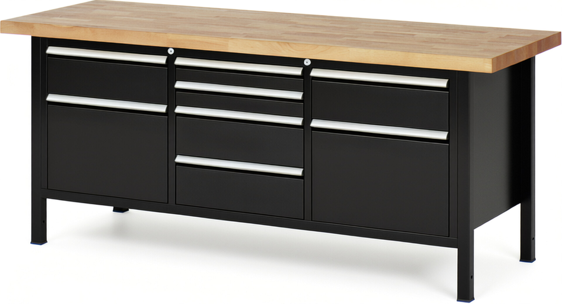 Werkbank Modell 8572 schwarz, BxTxH 2000x700x840-1040 mm,  Buche-Massiv Arbeitsplatte 40 mm,  8 Schubladen mit  Auszug 90 %