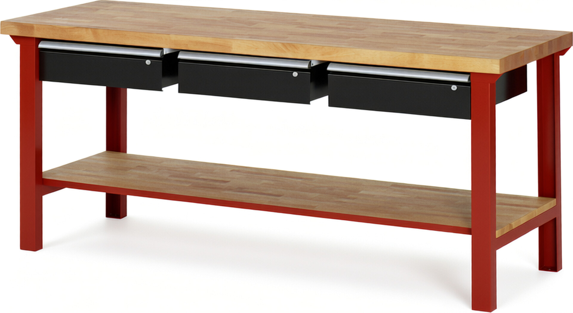 Werkbank Modell 7003 rot - schwarz, BxTxH 2000x700x840 mm,  Buche-Massiv Arbeitsplatte 40 mm,  3 Schubladen mit  Auszug 90 %