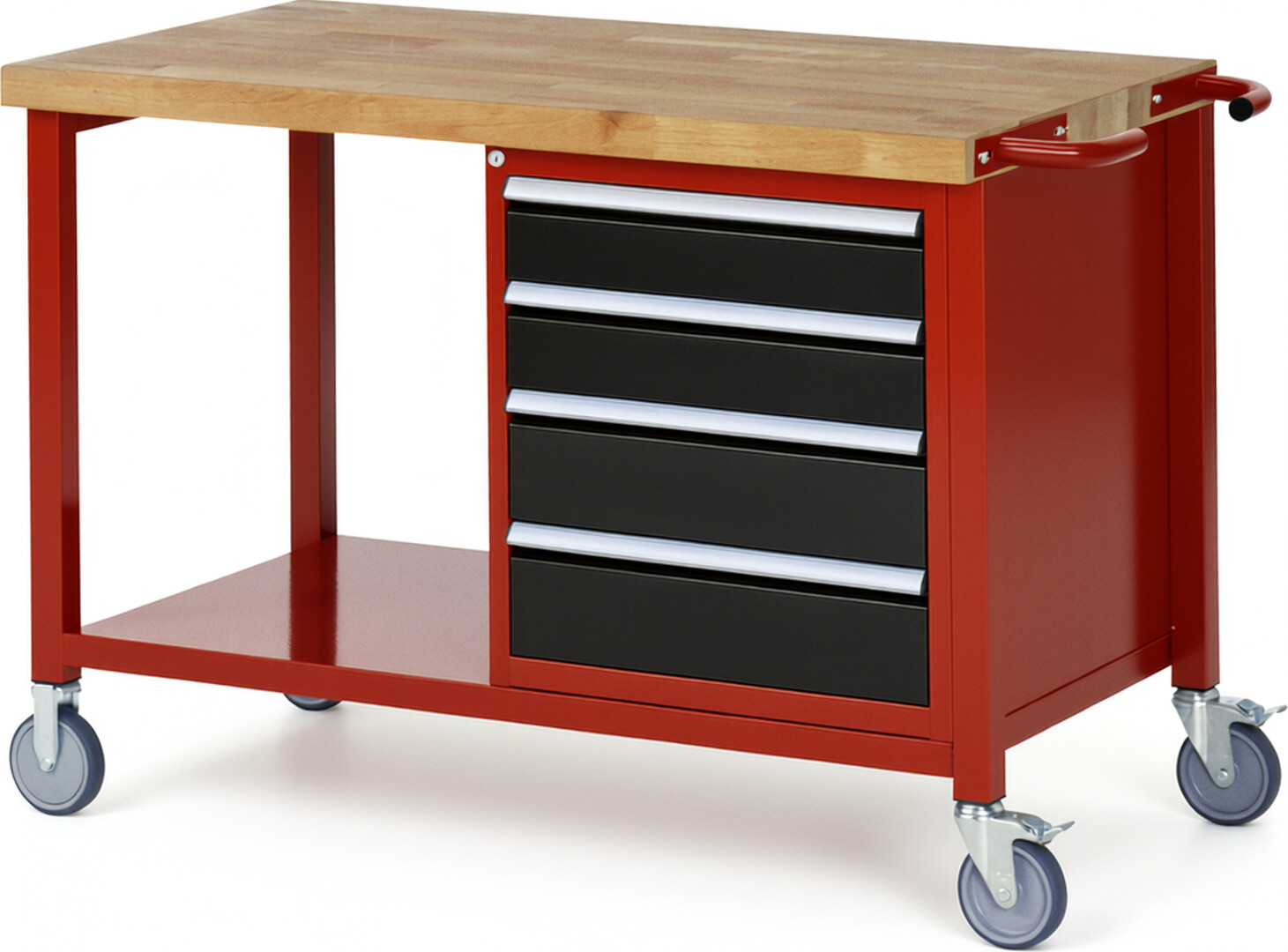 RAU Werkbank rot - schwarz - Breite 125 cm - Tiefe 70 cm - Höhe 88 cm - Buche-Massiv Arbeitsplatte 40 mm