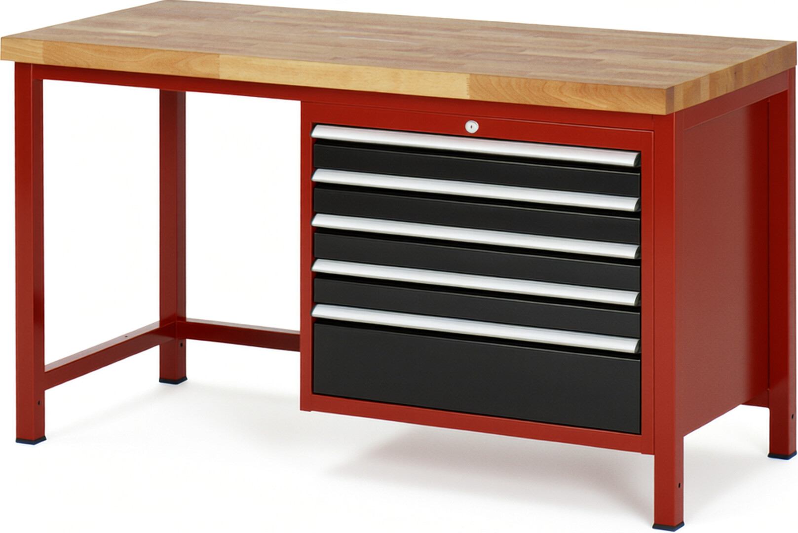 Werkbank Modell 8268 rot - schwarz, BxTxH 1500x700x840-1040 mm,  Buche-Massiv Arbeitsplatte 40 mm,  5 Schubladen mit  Auszug 90 %