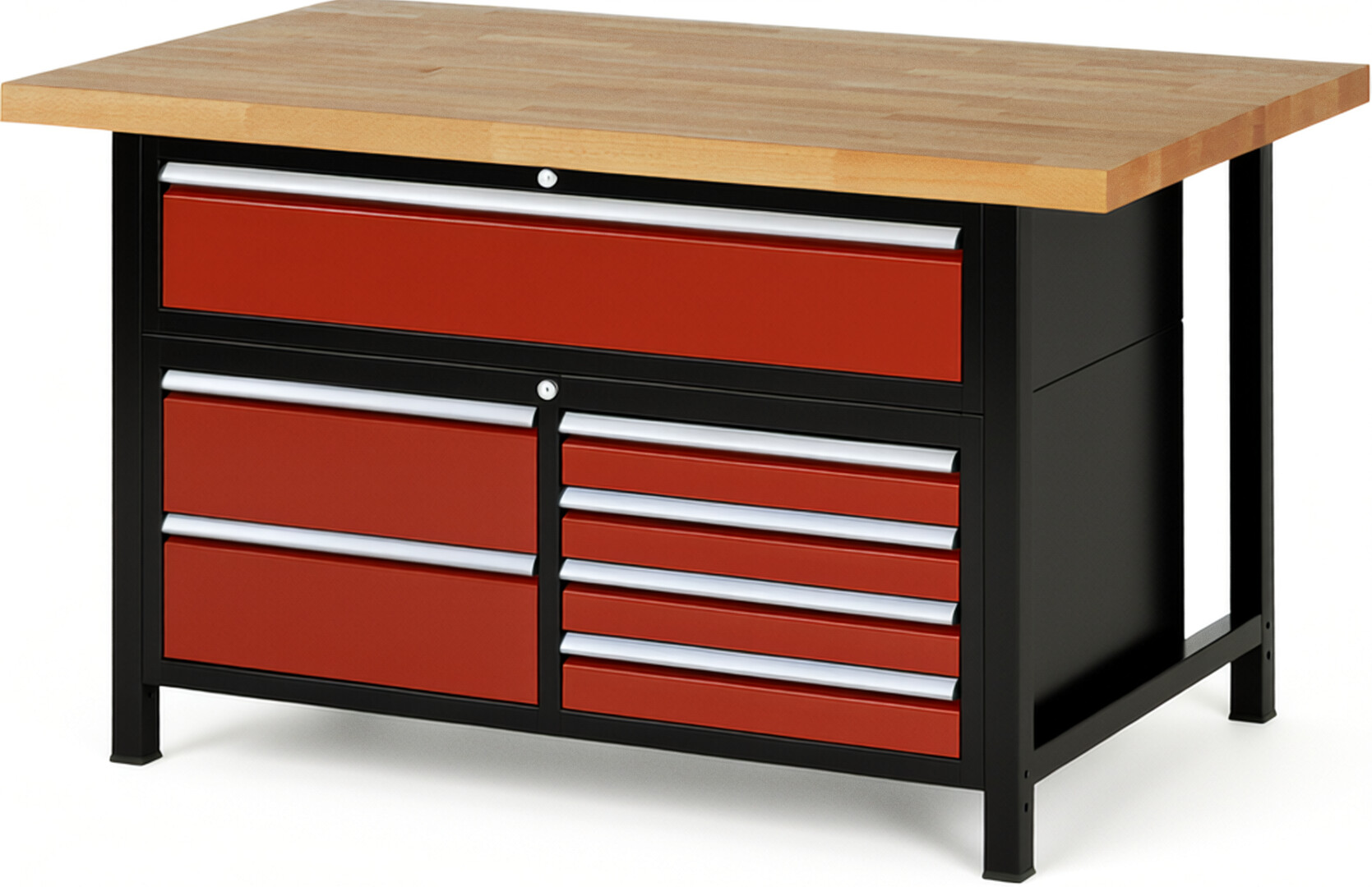 RAU Werkbank schwarz - rot - Breite 150 cm - Tiefe 90 cm - Höhe 104 cm - Buche-Massiv Arbeitsplatte 40 mm