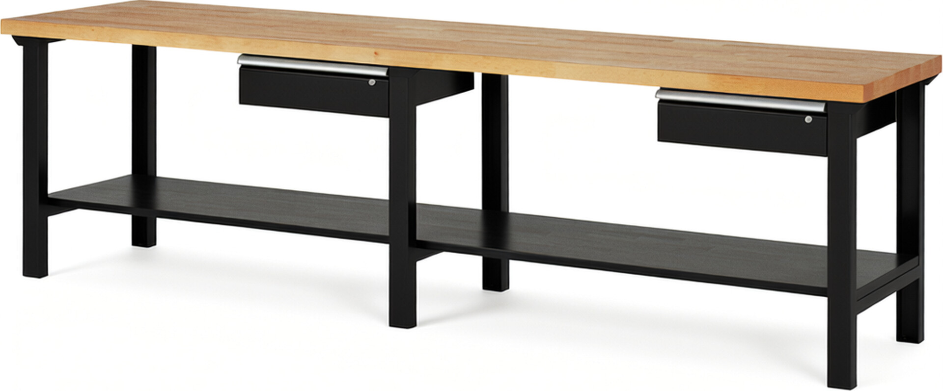 Werkbank Modell 7001 schwarz, BxTxH 3000x700x840 mm,  Buche-Massiv Arbeitsplatte 40 mm,  2 Schubladen mit  Auszug 90 %