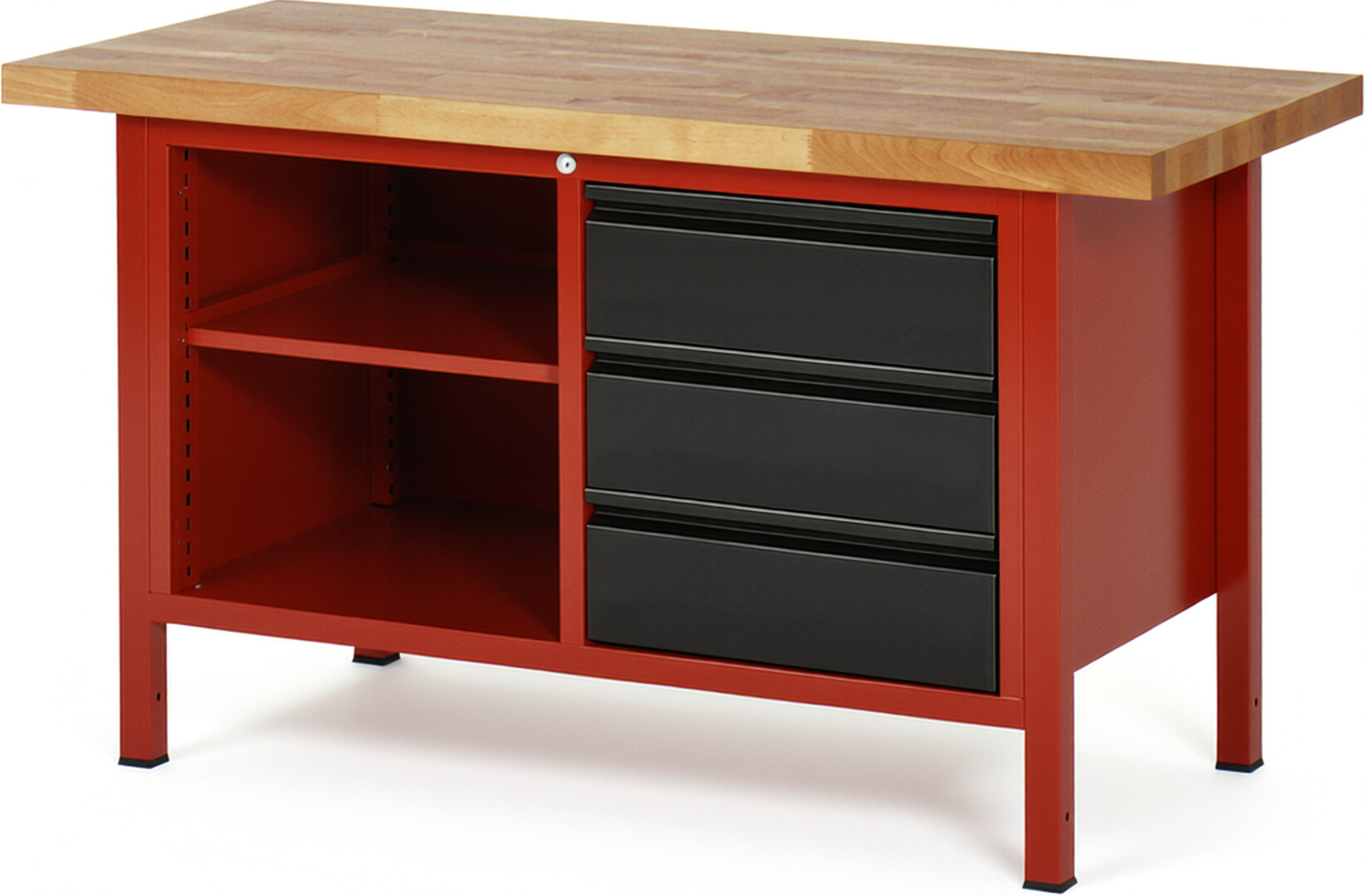 Werkbank rot - schwarz, BxTxH 1500x700x840 mm, Platte Buche 40 mm, 3 Schublade 180 mm, 1 Fachboden, RAL 3000/9011