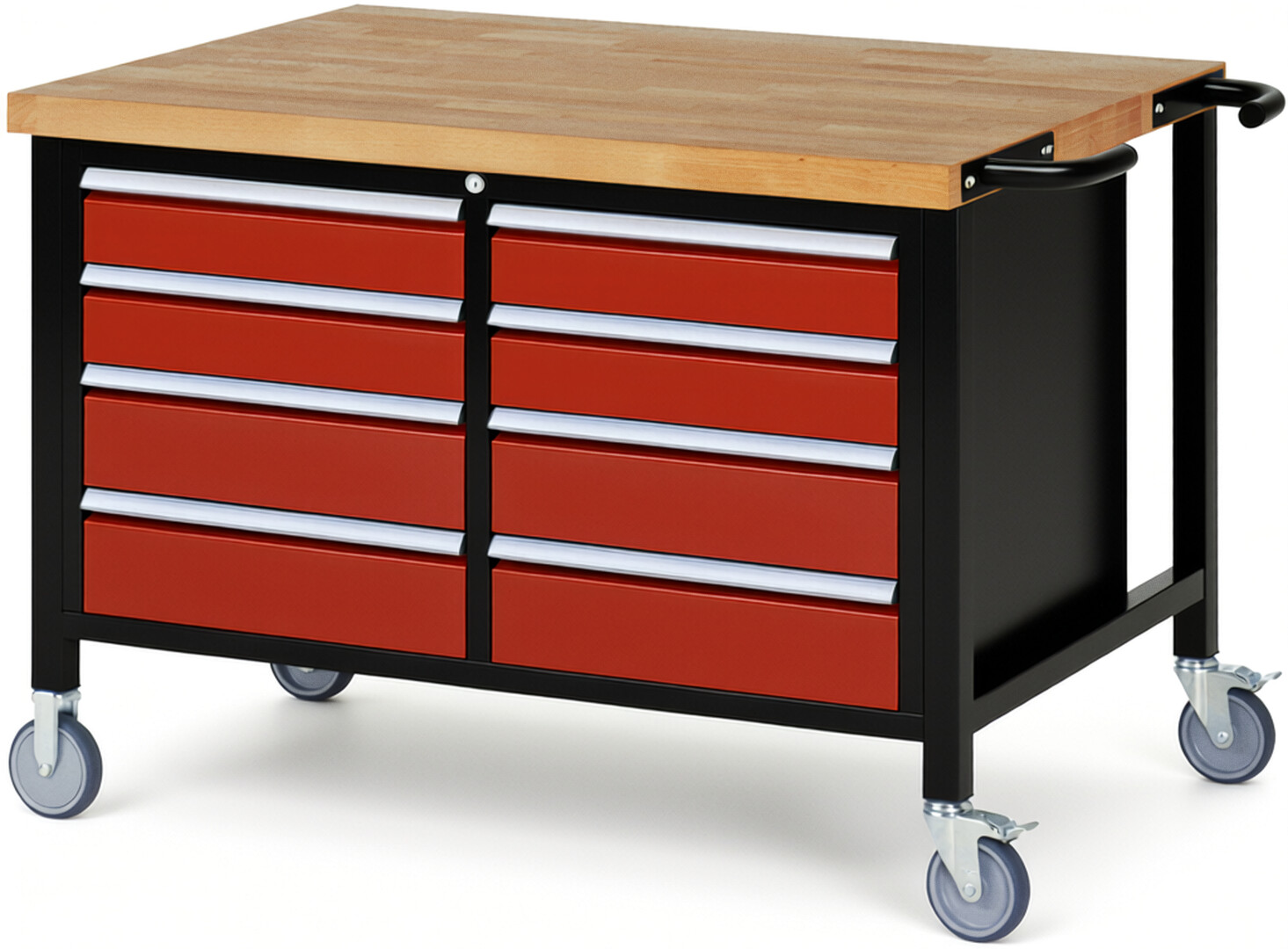 Fahrbare Werkbank Modell 8477 schwarz-rot, BxTxH 1250x900x880-1080 mm,  Buche-Massiv Arbeitsplatte 40 mm,  8 Schubladen mit  Auszug 90 %