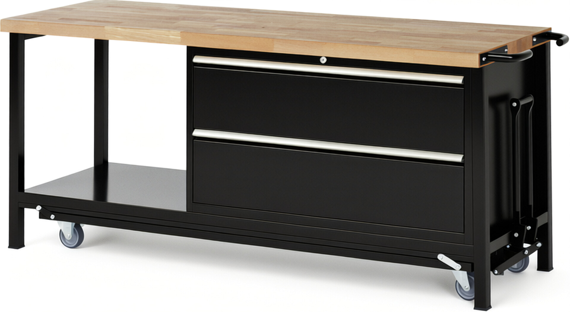 Absenkbare Werkbank Modell 8355 schwarz, BxTxH 2000x700x880 mm,  Buche-Massiv Arbeitsplatte 40 mm,  2 Schubladen mit  Auszug 90 %