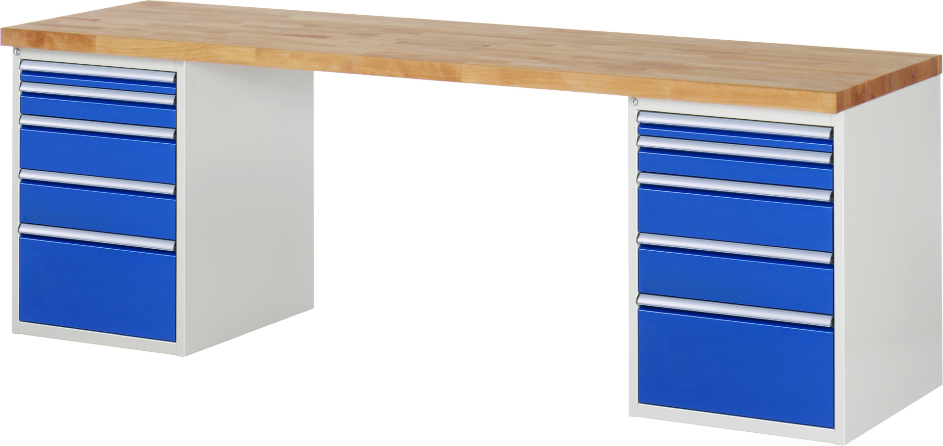 Werkbank Modell 7511 rot - schwarz, BxTxH 2500x700x890 mm,  Buche-Massiv Arbeitsplatte 40 mm,  10 Schubladen mit  Auszug 90 %