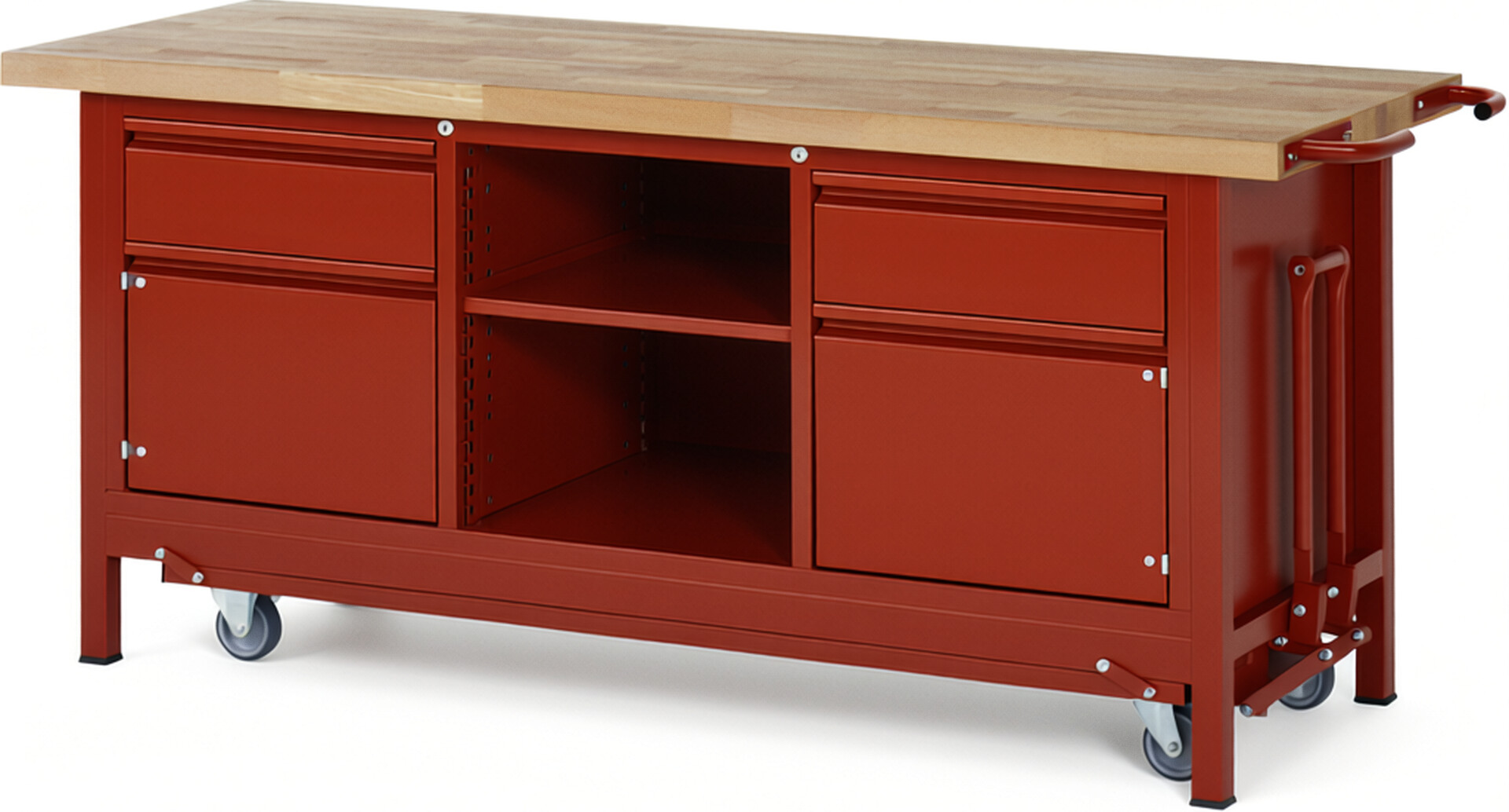 Absenkbare Werkbank - Modell 8561 BASIC rot, BxTxH 2000x700x880 mm,  Buche-Massiv Arbeitsplatte 40 mm,  2 Schubladen mit  Auszug 90 %