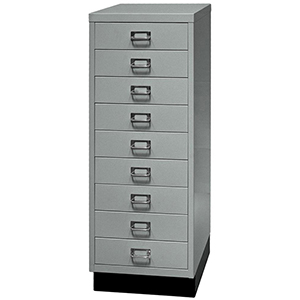 Schubladenschrank aus Stahl, BxTxH 349x432x940 mm, 9 Schubladen 87 mm, DIN A3, Sockel 80 mm hoch, silber