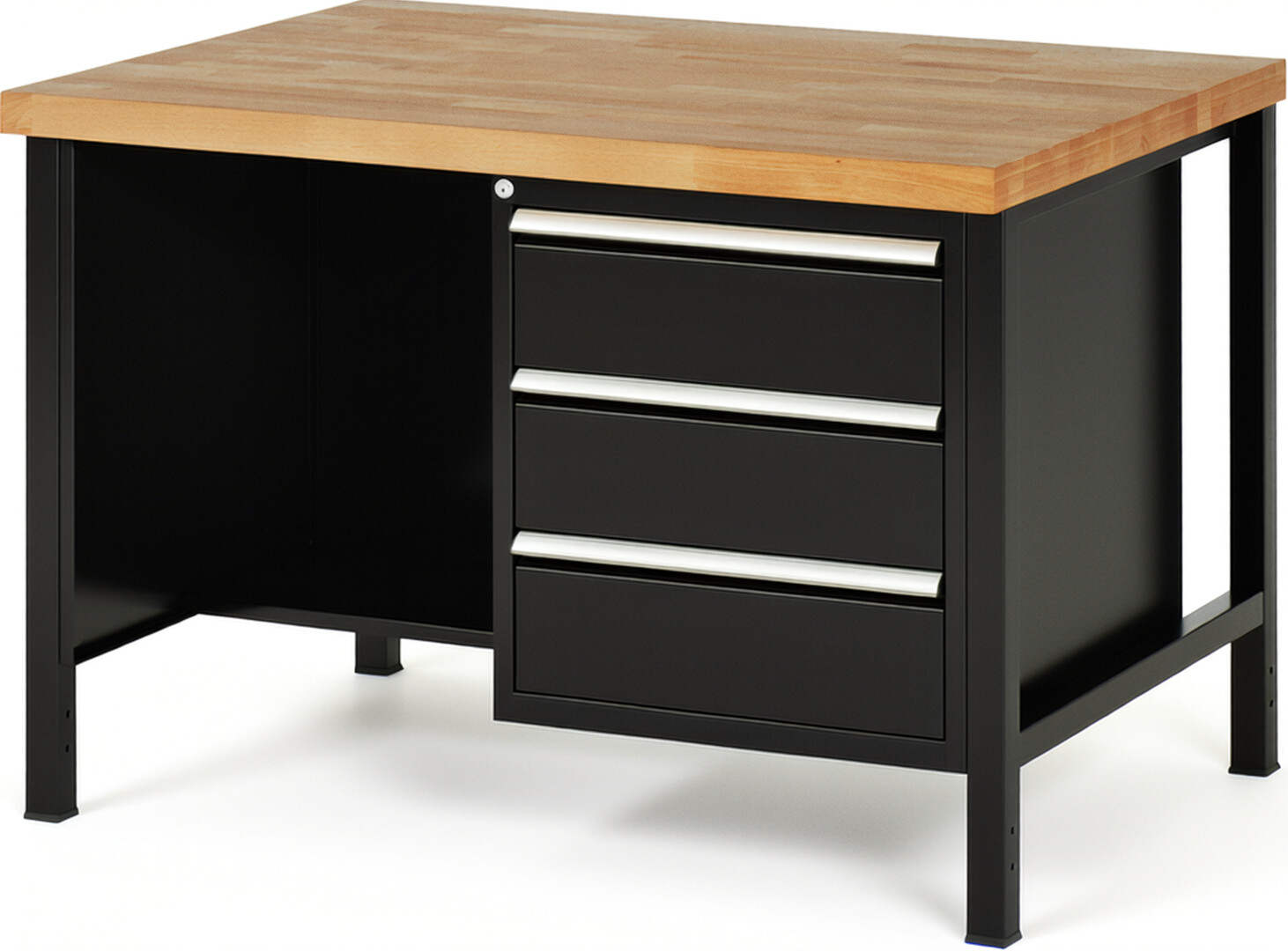 RAU Werkbank schwarz - Breite 125 cm - Tiefe 90 cm - Höhe 104 cm - Buche-Massiv Arbeitsplatte 40 mm