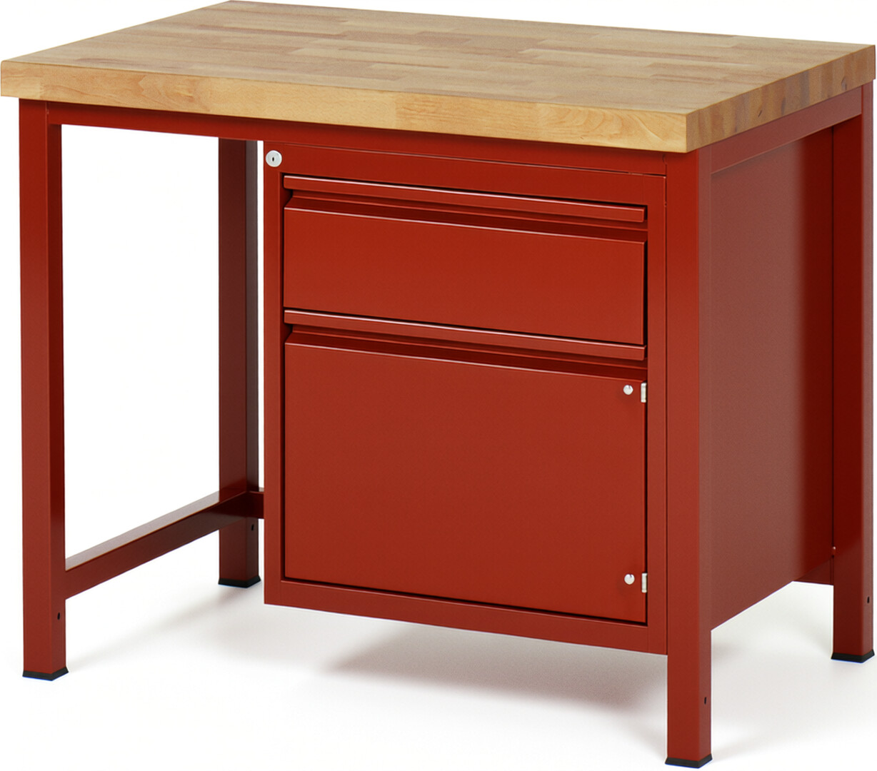 Werkbank rot, BxTxH 1000x700x840-1040 mm, Platte Buche 40 mm, 1 Schublade 180 mm, 1 Tür 360 mm, RAL 3000/3000