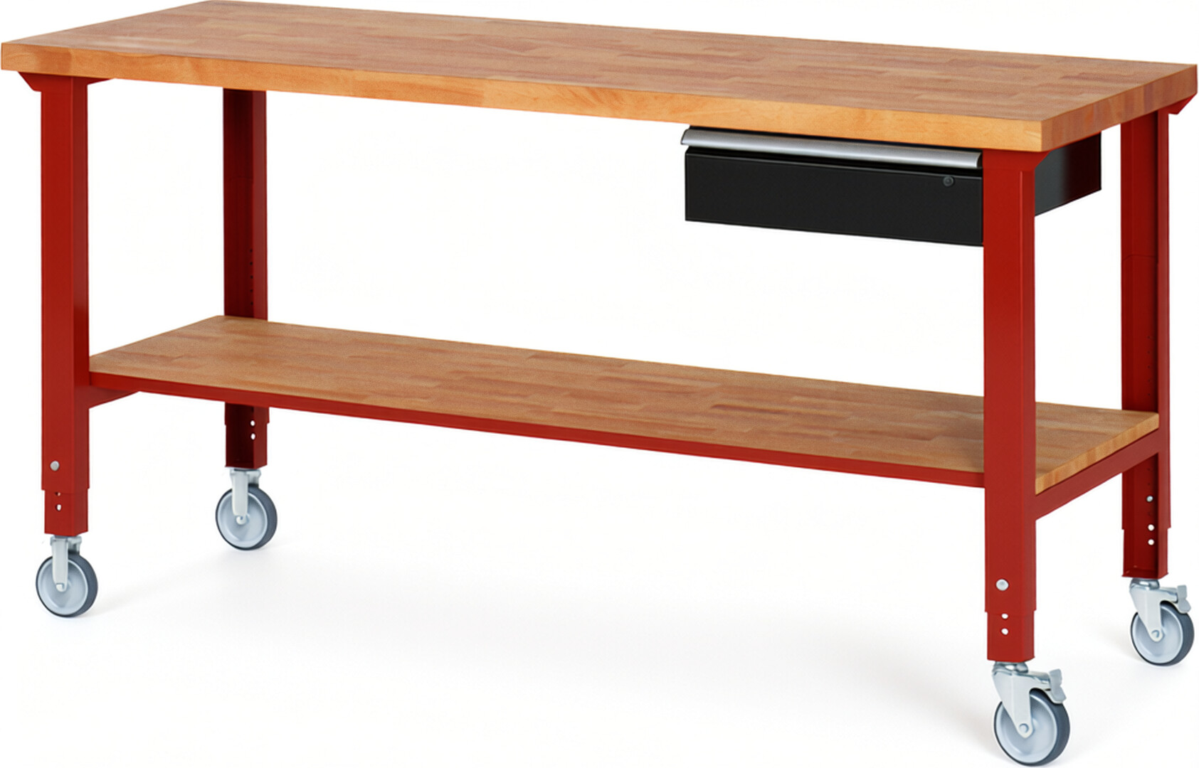 Fahrbare Werkbank Modell 7001 rot - schwarz, BxTxH 2000x700x950-1000 mm,  Buche-Massiv Arbeitsplatte 40 mm,  1 Schublade mit  Auszug 90 %