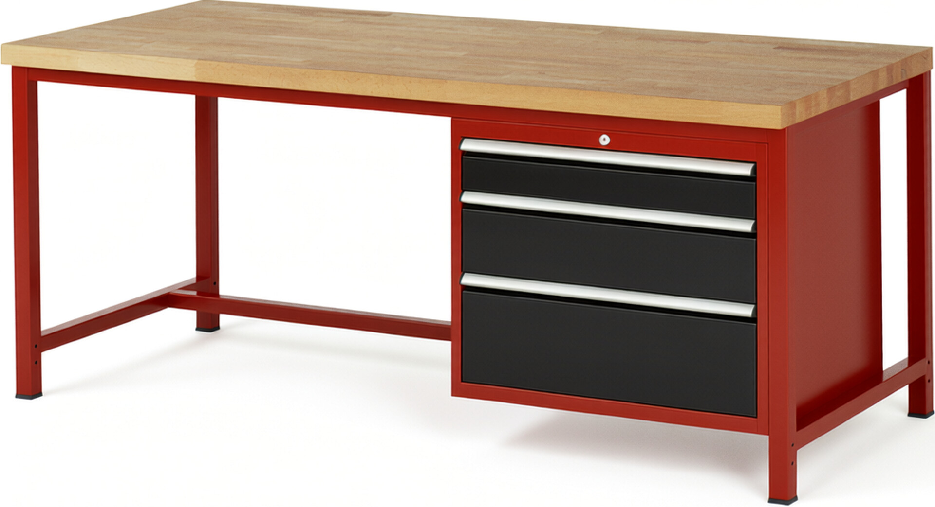 Werkbank Modell 8259 rot - schwarz, BxTxH 2000x900x840-1040 mm,  Buche-Massiv Arbeitsplatte 40 mm,  3 Schubladen mit  Vollauszug 100 % und  SoftClosing