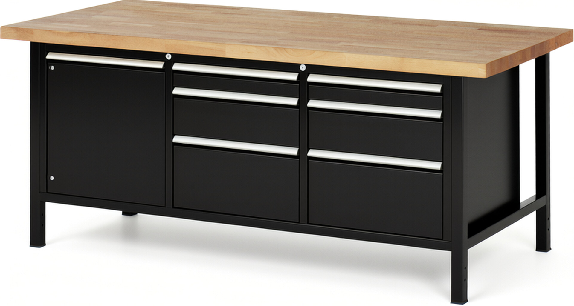 Werkbank Modell 8570 schwarz, BxTxH 2000x900x840-1040 mm,  Buche-Massiv Arbeitsplatte 40 mm,  6 Schubladen mit  Auszug 90 %