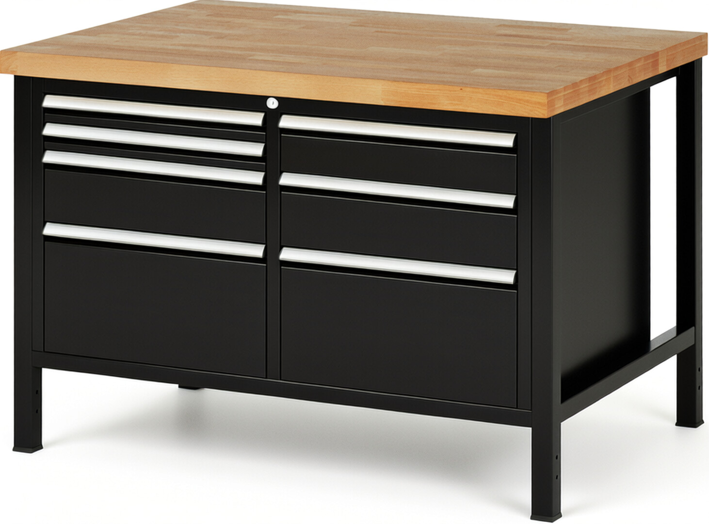 Werkbank Modell 8476 schwarz, BxTxH 1250x900x840-1040 mm,  Buche-Massiv Arbeitsplatte 40 mm,  7 Schubladen mit  Auszug 90 %
