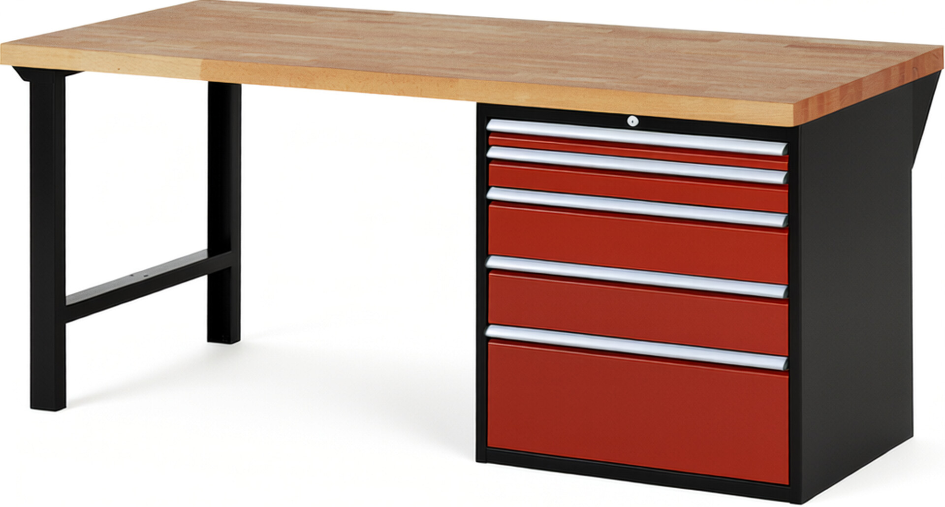 RAU Werkbank schwarz - rot - Breite 200 cm - Tiefe 90 cm - Höhe 89 cm - Buche-Massiv Arbeitsplatte 40 mm