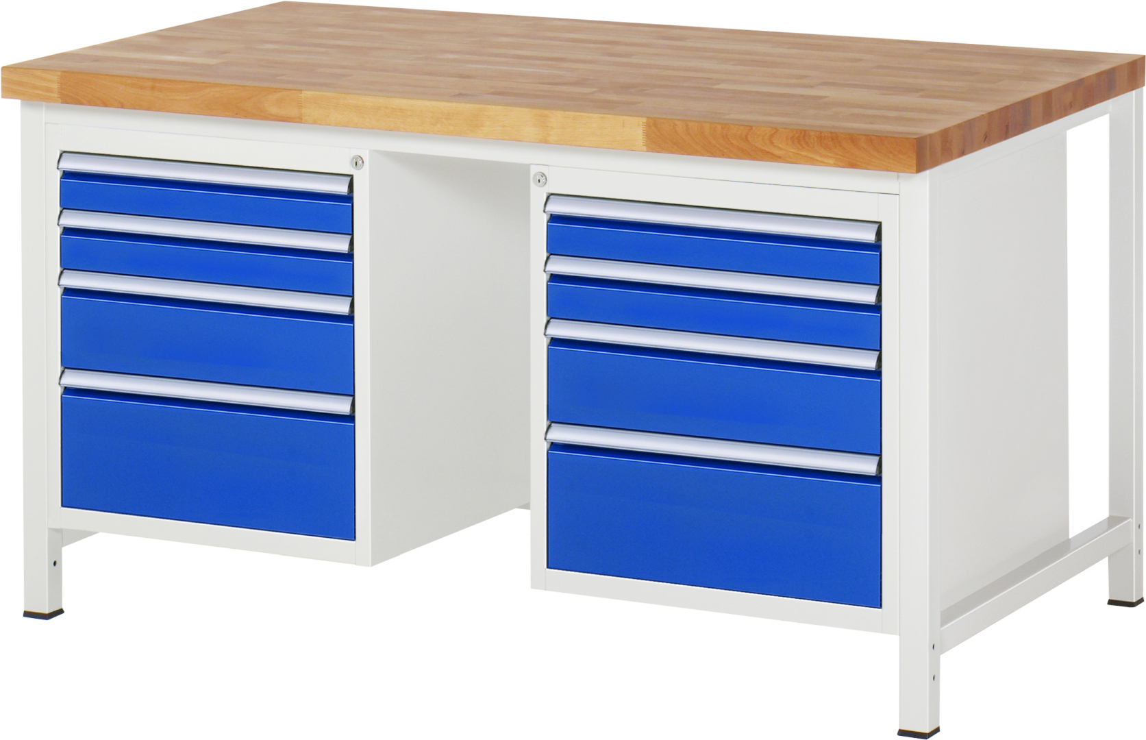 Werkbank Modell 8182,  BxTxH 1500x900x840-1040 mm,  Buche-Massiv Arbeitsplatte 40 mm,  8 Schubladen mit  Auszug 90 %