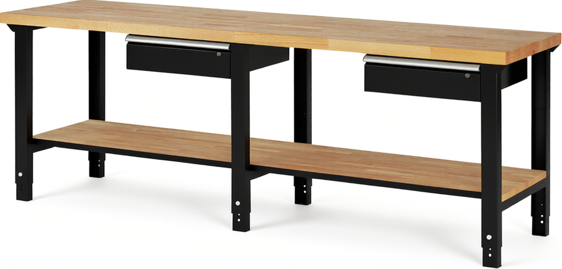 Werkbank Modell 7001 schwarz, BxTxH 2500x700x790-1140 mm,  Buche-Massiv Arbeitsplatte 40 mm,  2 Schubladen mit  Auszug 90 %