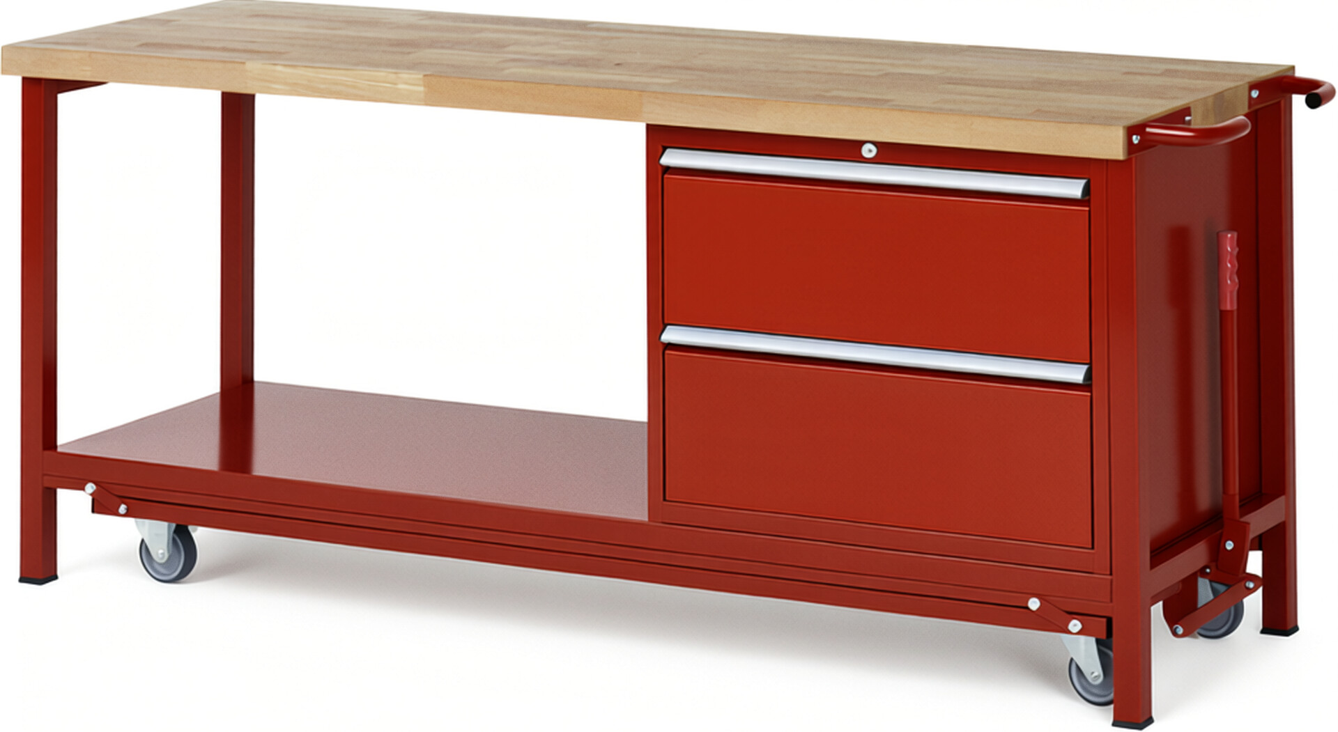 Absenkbare Werkbank Modell 8255 rot, BxTxH 2000x700x880 mm,  Buche-Massiv Arbeitsplatte 40 mm,  2 Schubladen mit  Vollauszug 100 % und  SoftClosing