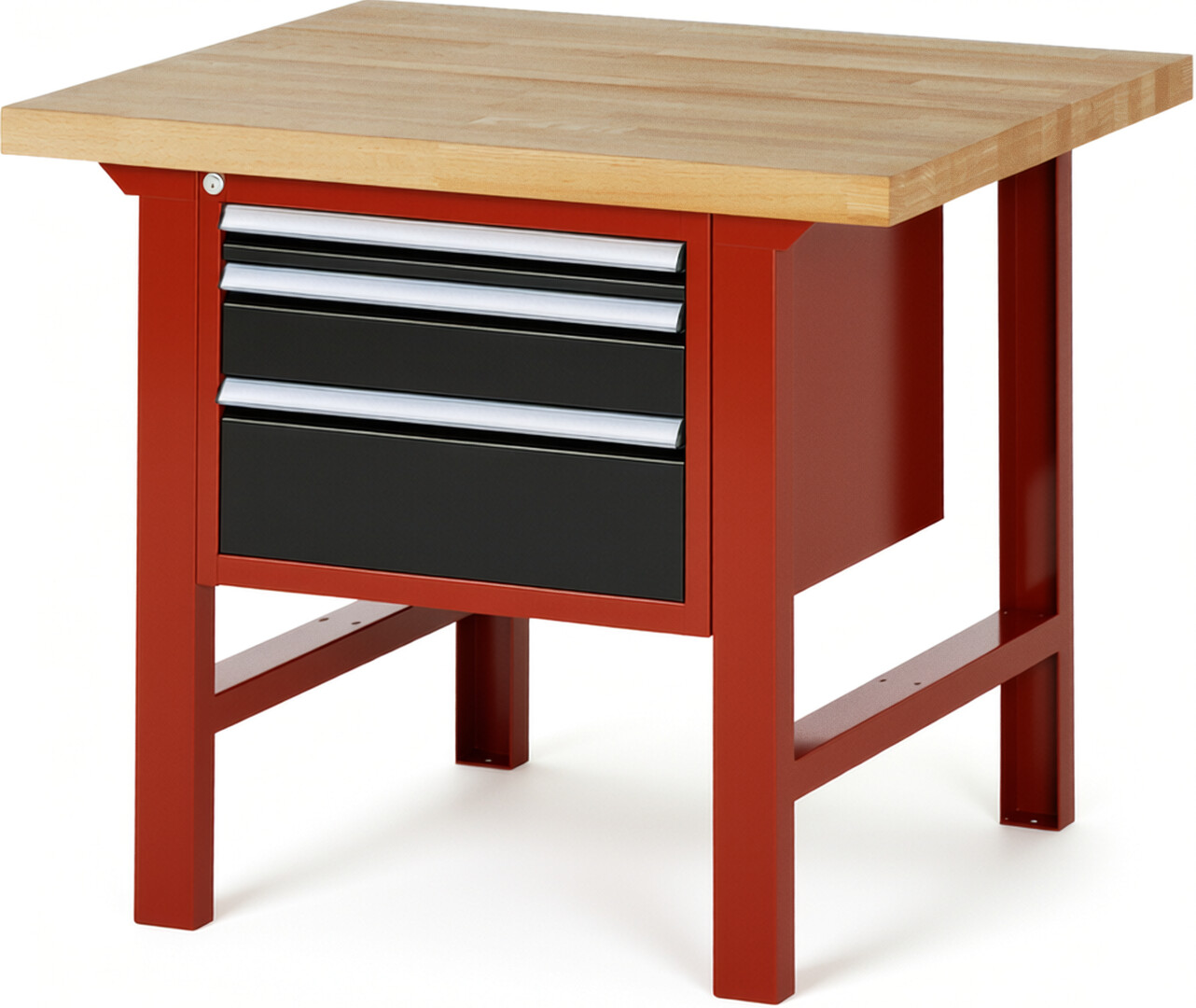 Werkbank Modell 7126 rot - schwarz, BxTxH 1000x900x840 mm,  Buche-Massiv Arbeitsplatte 40 mm,  3 Schubladen mit  Vollauszug 100 % und  SoftClosing