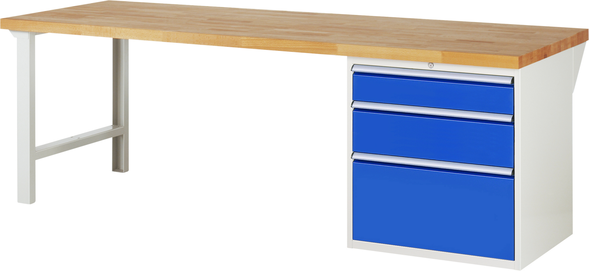 Werkbank Modell 7608 rot - schwarz, BxTxH 2500x900x890 mm,  Buche-Massiv Arbeitsplatte 40 mm,  3 Schubladen mit  Vollauszug 100 % und  SoftClosing