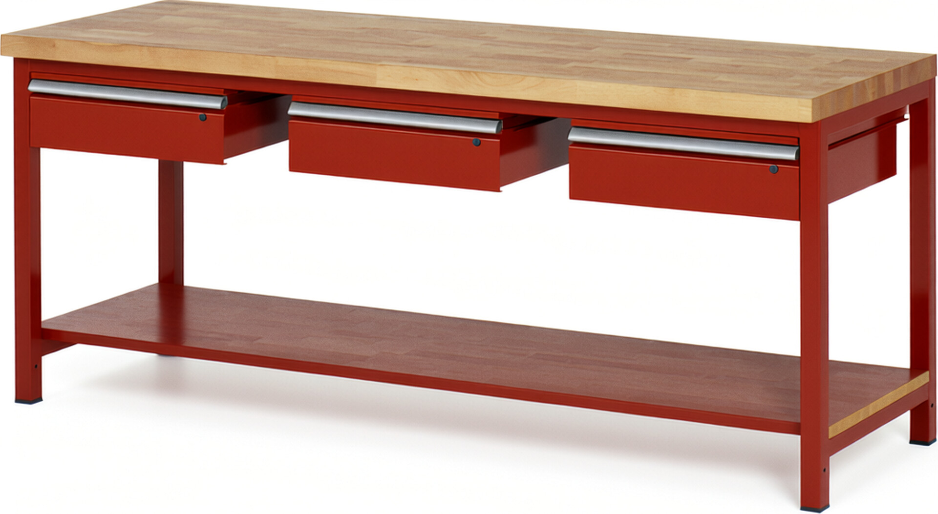 Werkbank Modell 8003 rot, BxTxH 2000x700x840 mm,  Buche-Massiv Arbeitsplatte 40 mm,  3 Schubladen mit  Auszug 90 %