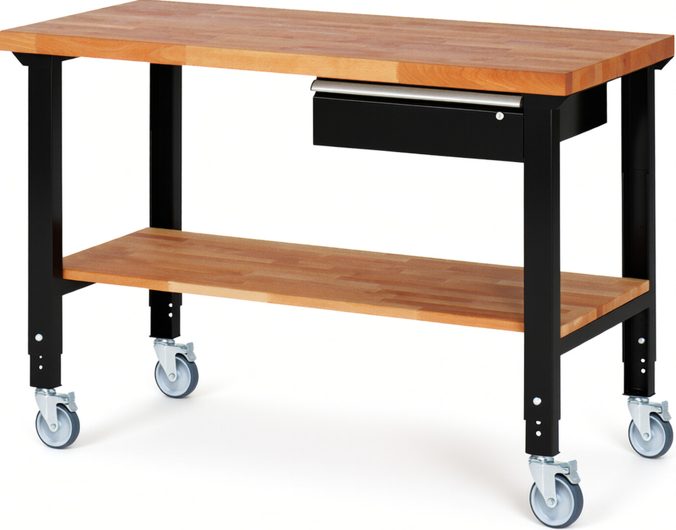 RAU Werkbank schwarz - Breite 150 cm - Tiefe 70 cm - Höhe 100 cm - Buche-Massiv Arbeitsplatte 40 mm