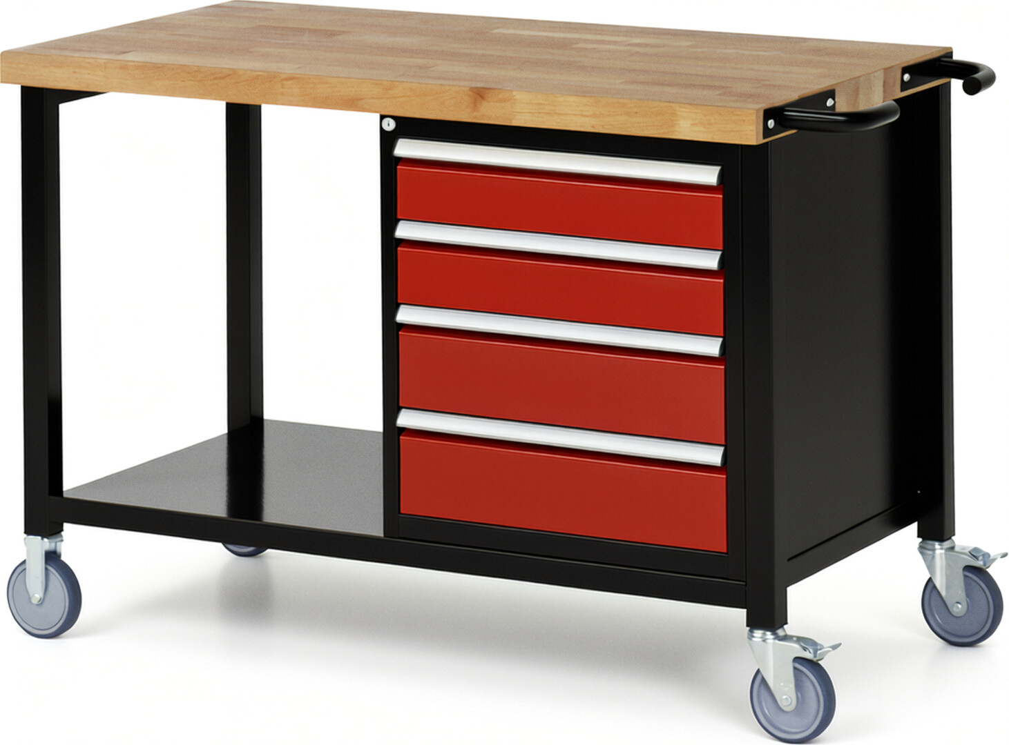 RAU Werkbank schwarz - rot - Breite 125 cm - Tiefe 70 cm - Höhe 88 cm - Buche-Massiv Arbeitsplatte 40 mm