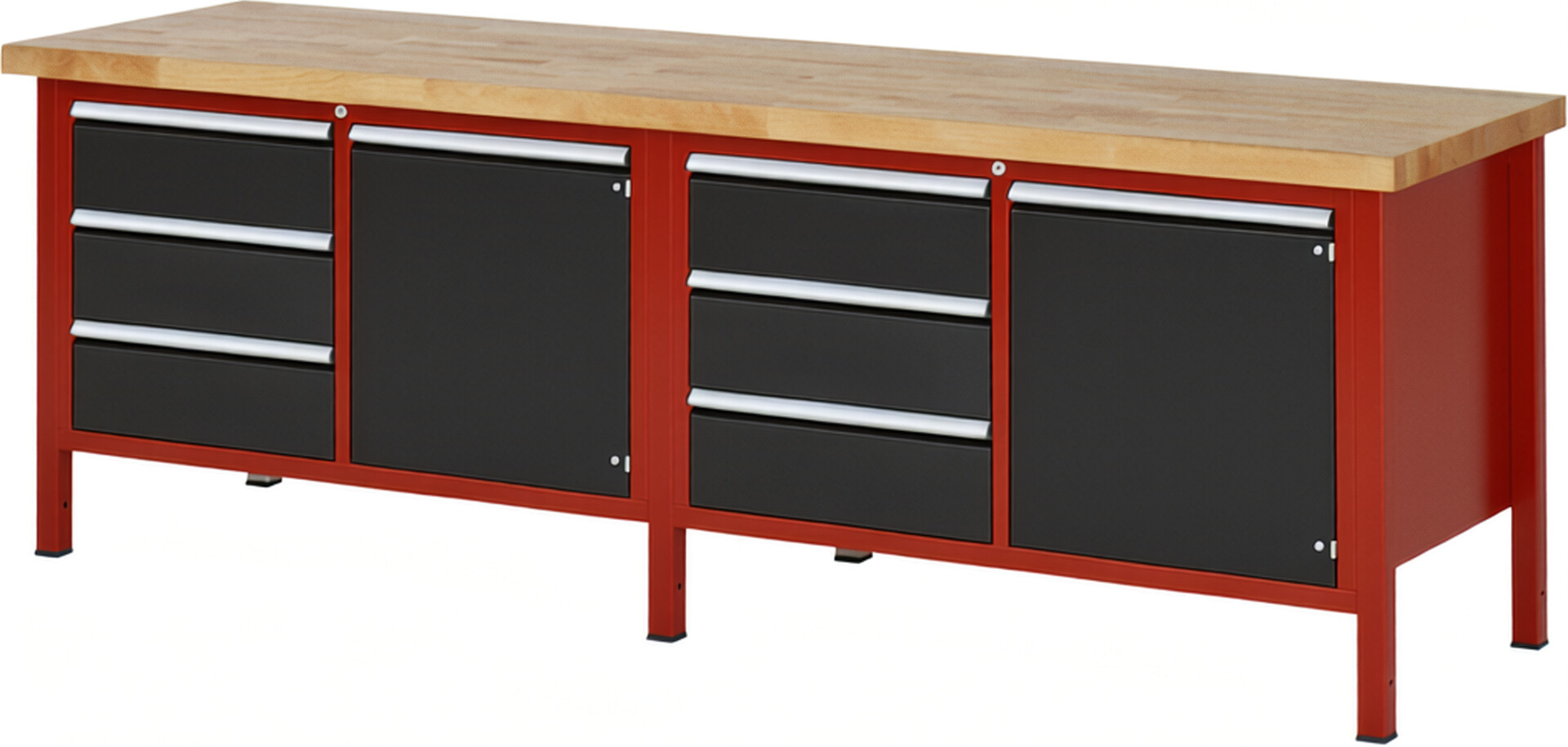 Werkbank Modell 8468 rot - schwarz, BxTxH 2500x700x840-1040 mm,  Buche-Massiv Arbeitsplatte 40 mm,  6 Schubladen mit  Auszug 90 %