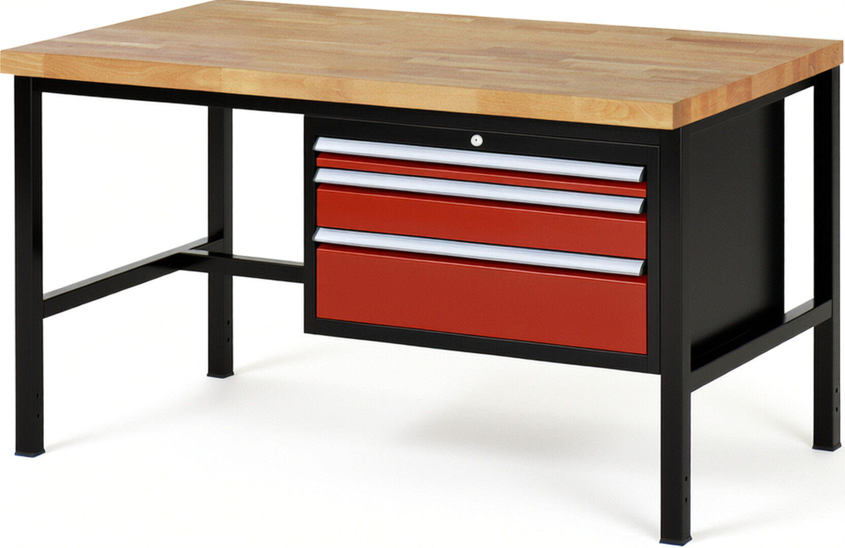 RAU Werkbank schwarz - rot - Breite 150 cm - Tiefe 90 cm - Höhe 104 cm - Buche-Massiv Arbeitsplatte 40 mm