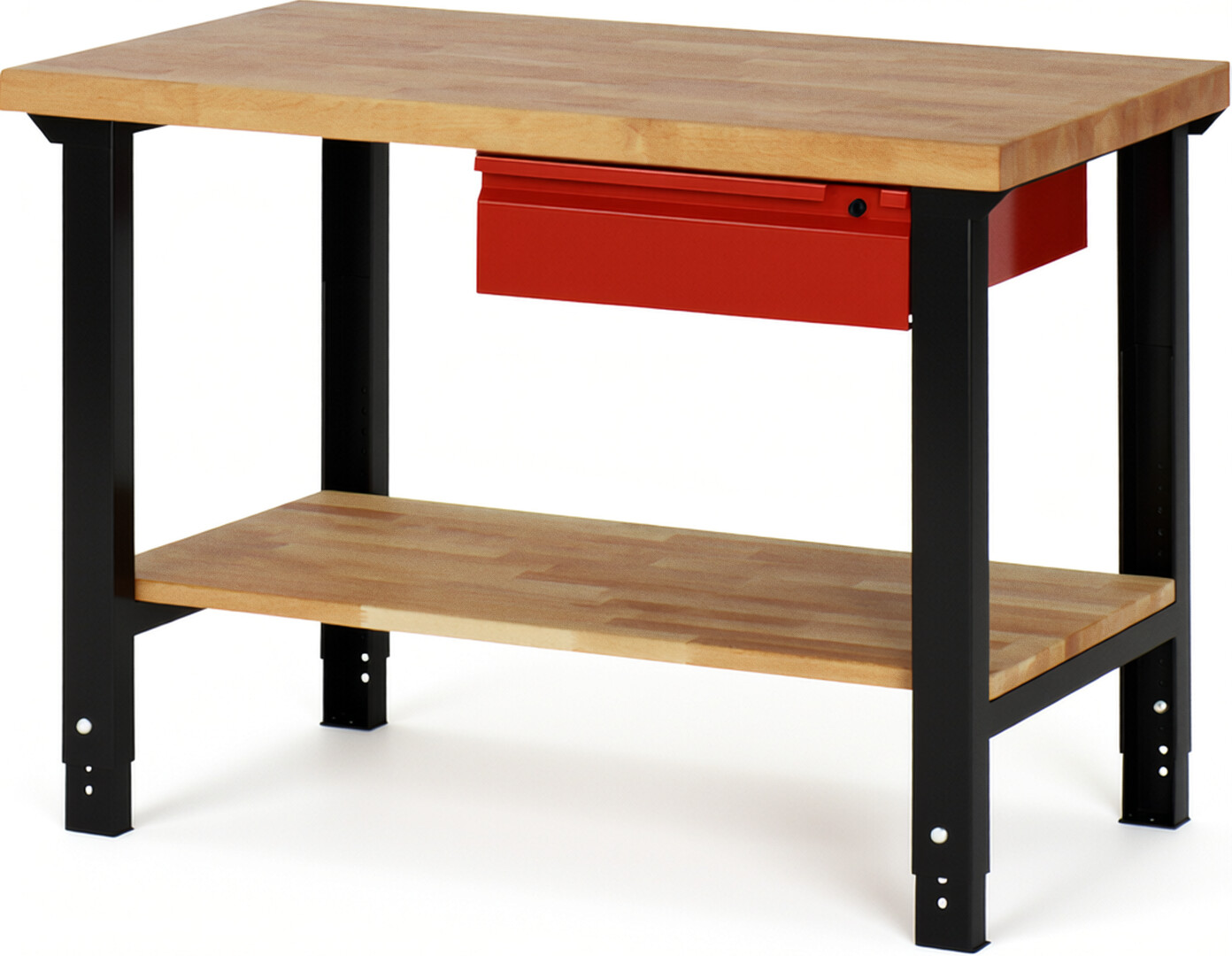 RAU Werkbank schwarz - rot - Breite 125 cm - Tiefe 70 cm - Höhe 114 cm - Buche-Massiv Arbeitsplatte 40 mm