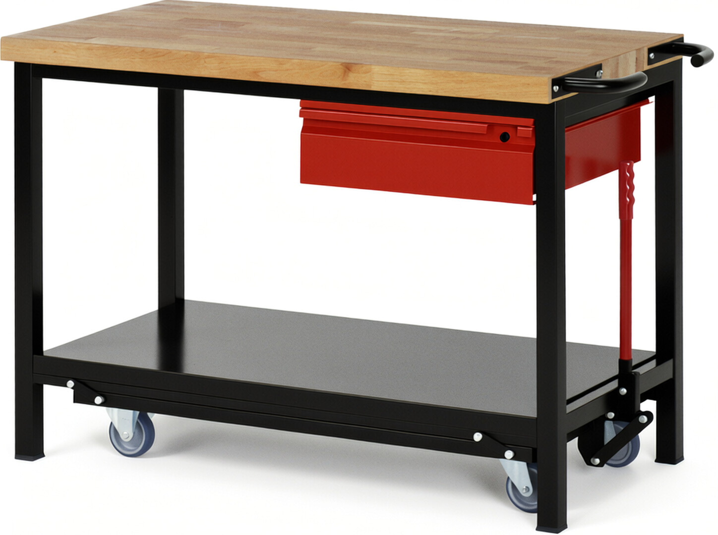 RAU Werkbank schwarz - rot - Breite 125 cm - Tiefe 70 cm - Höhe 88 cm - Buche-Massiv Arbeitsplatte 40 mm