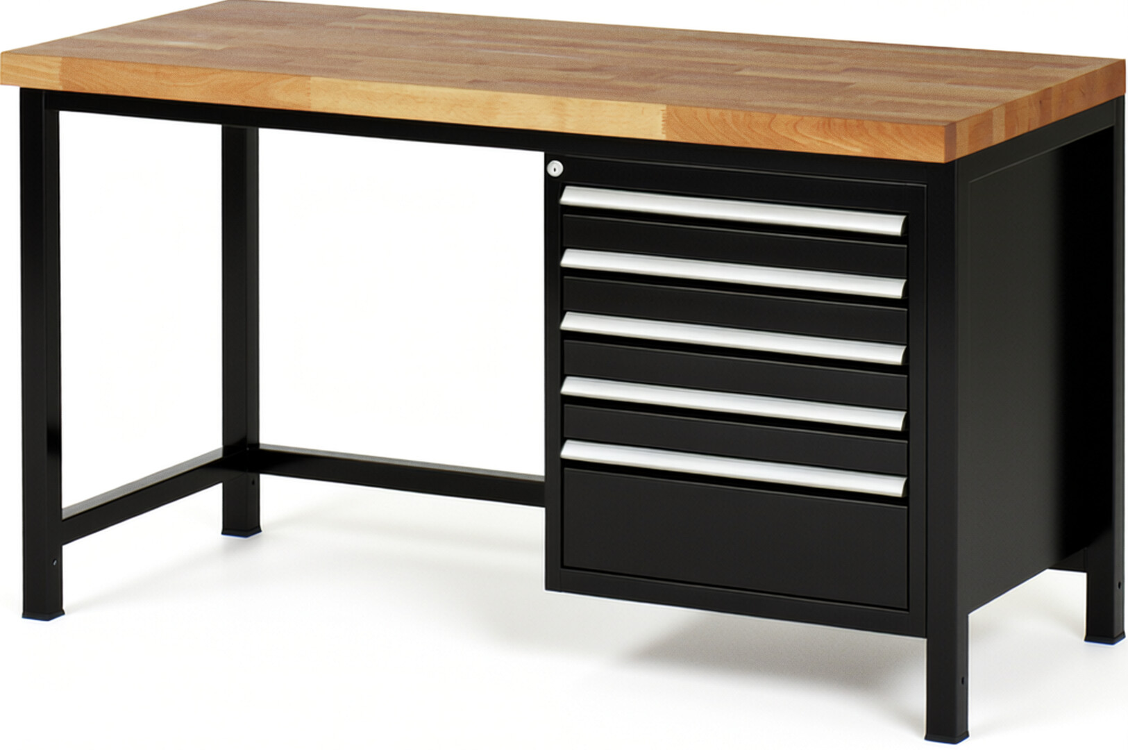 Werkbank Modell 8168 schwarz, BxTxH 1500x700x840-1040 mm,  Buche-Massiv Arbeitsplatte 40 mm,  5 Schubladen mit  Vollauszug 100 % und  SoftClosing