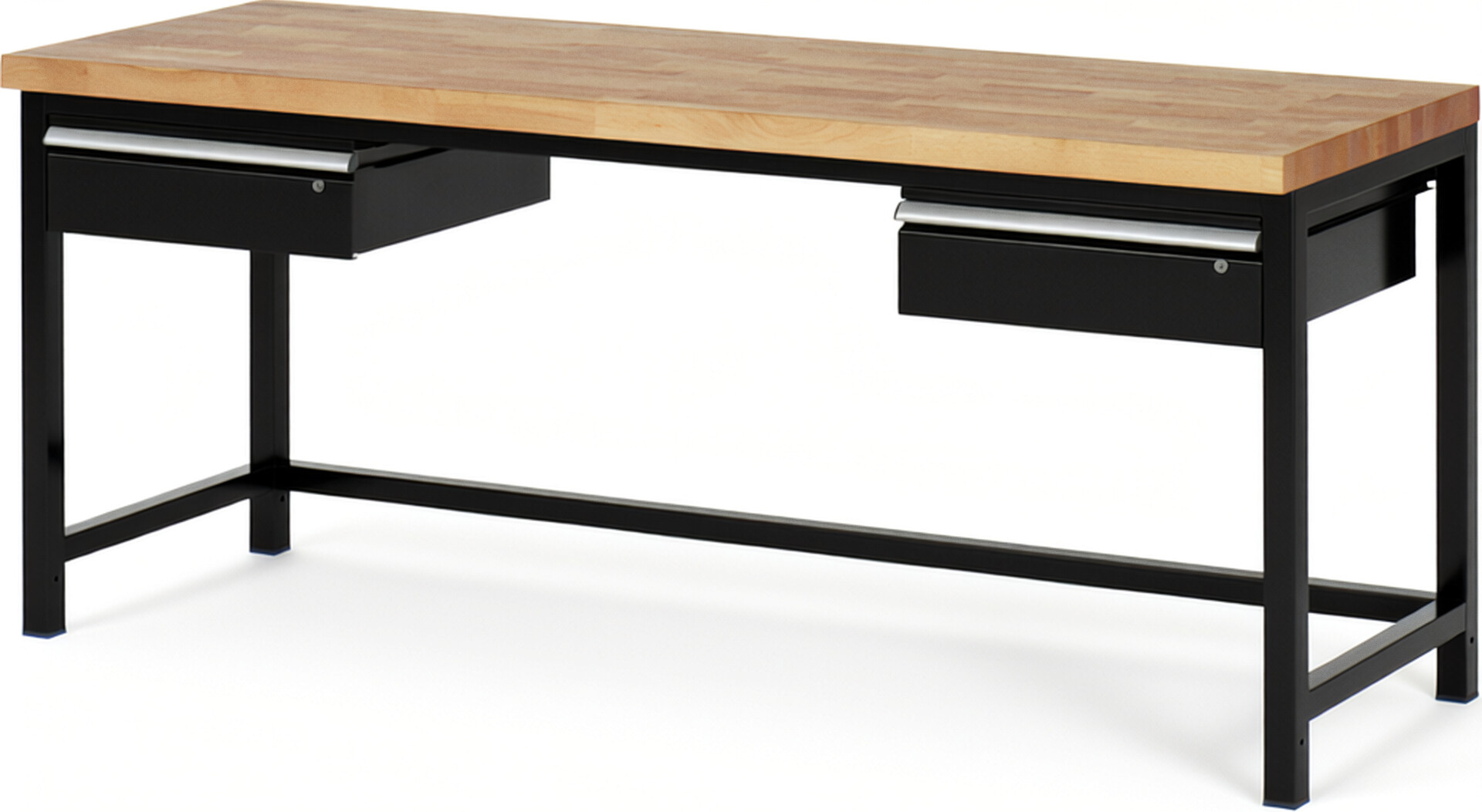 Werkbank Modell 8002 schwarz, BxTxH 2000x700x840-1040 mm,  Buche-Massiv Arbeitsplatte 40 mm,  2 Schubladen mit  Auszug 90 %