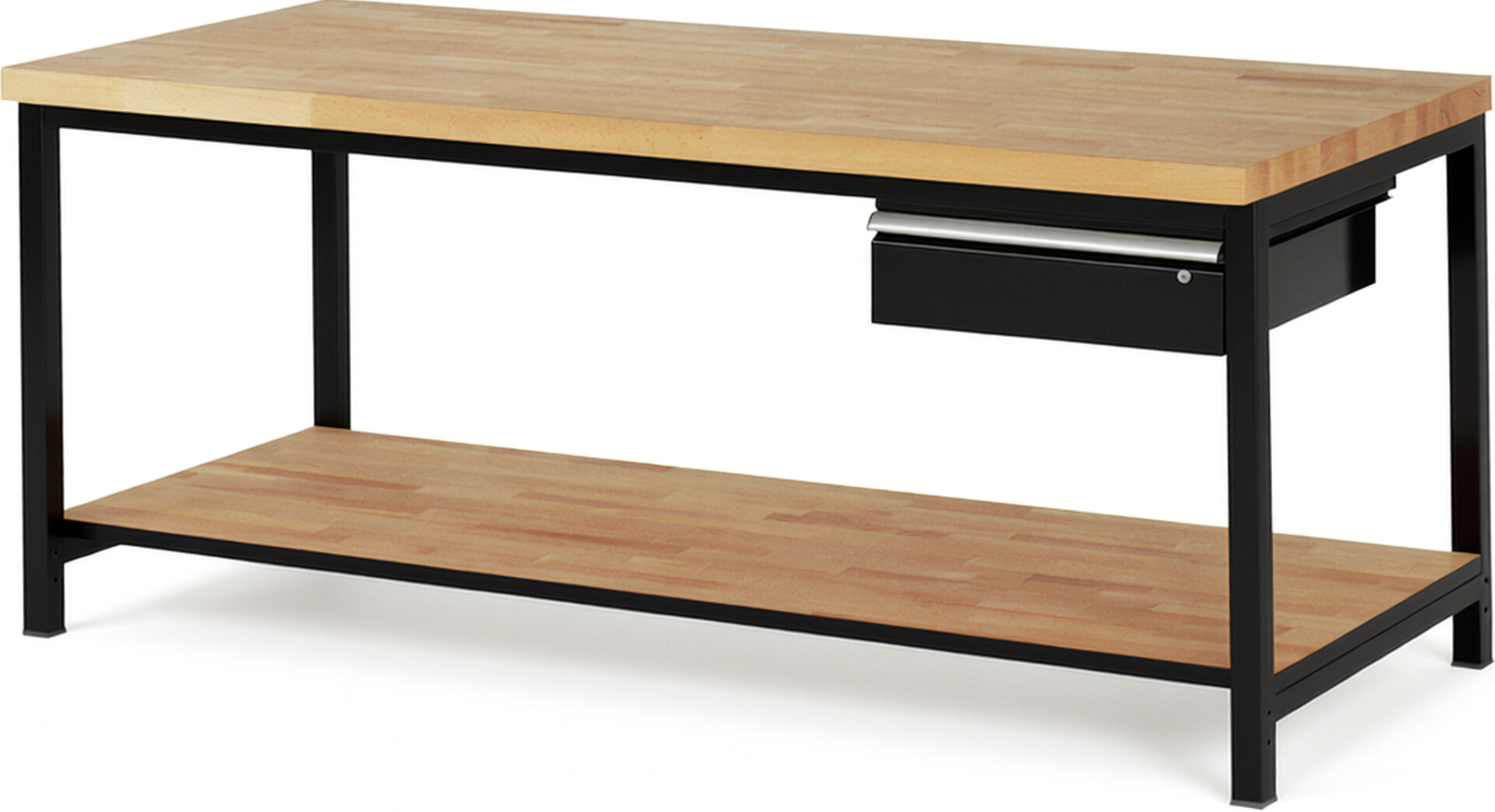 Werkbank Modell 8001 schwarz, BxTxH 2000x900x840-1040 mm,  Buche-Massiv Arbeitsplatte 40 mm,  1 Schublade mit  Auszug 90 %