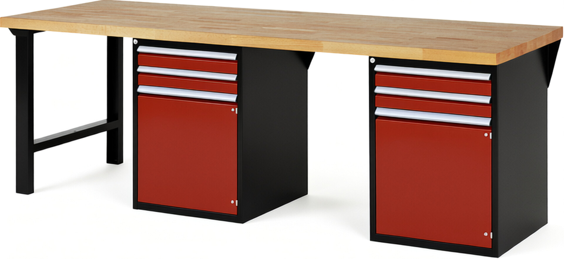 Werkbank Modell 7503 schwarz-rot, BxTxH 2500x900x890 mm,  Buche-Massiv Arbeitsplatte 40 mm,  4 Schubladen mit  Vollauszug 100 % und  SoftClosing
