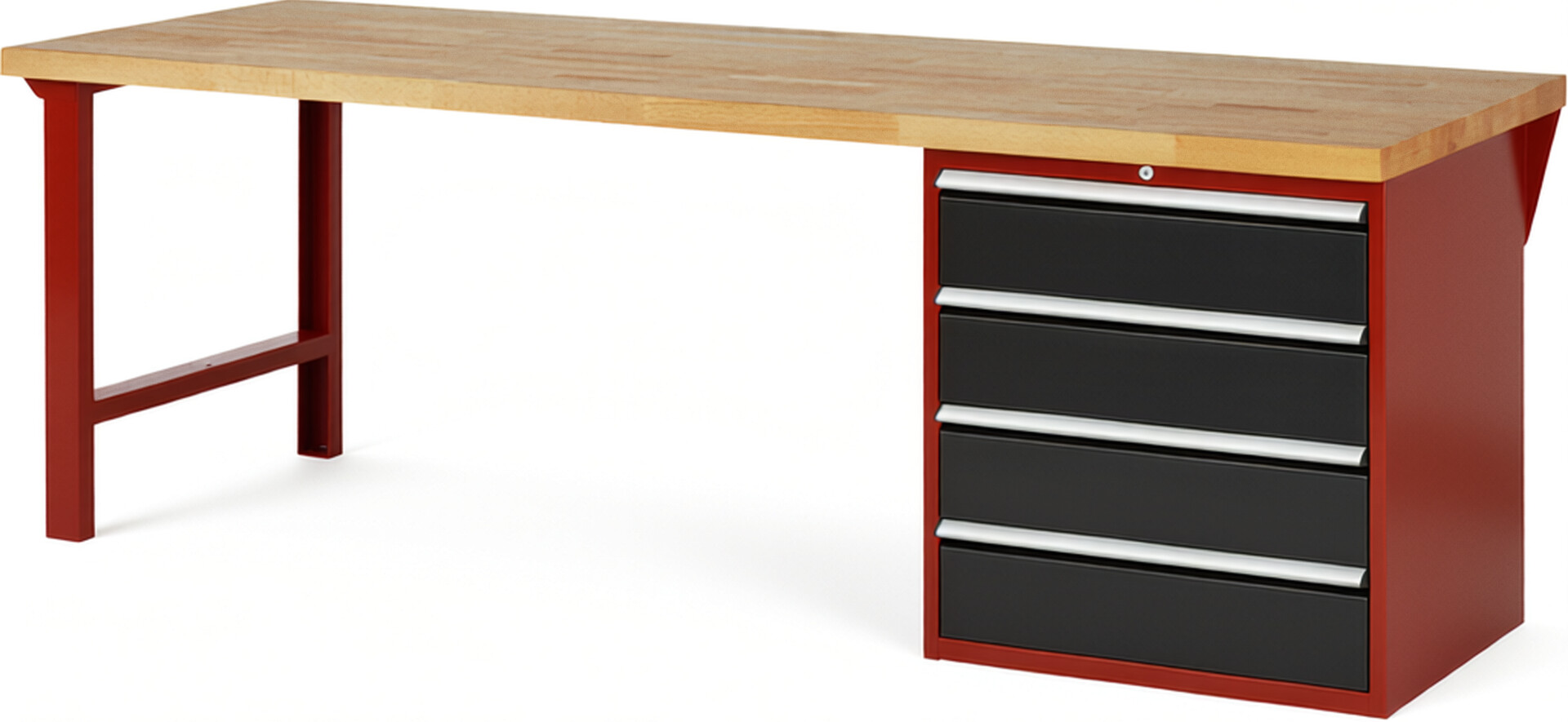 Werkbank Modell 7609 rot - schwarz, BxTxH 2500x900x840 mm,  Buche-Massiv Arbeitsplatte 40 mm,  4 Schubladen mit  Vollauszug 100 % und  SoftClosing