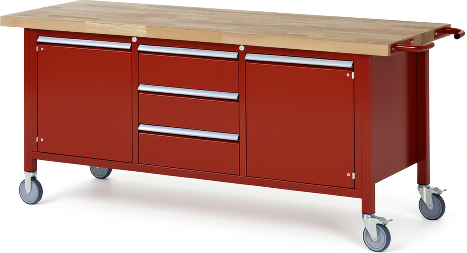 Fahrbare Werkbank Modell 8569 rot, BxTxH 2000x700x880-1080 mm,  Buche-Massiv Arbeitsplatte 40 mm,  3 Schubladen mit  Auszug 90 %