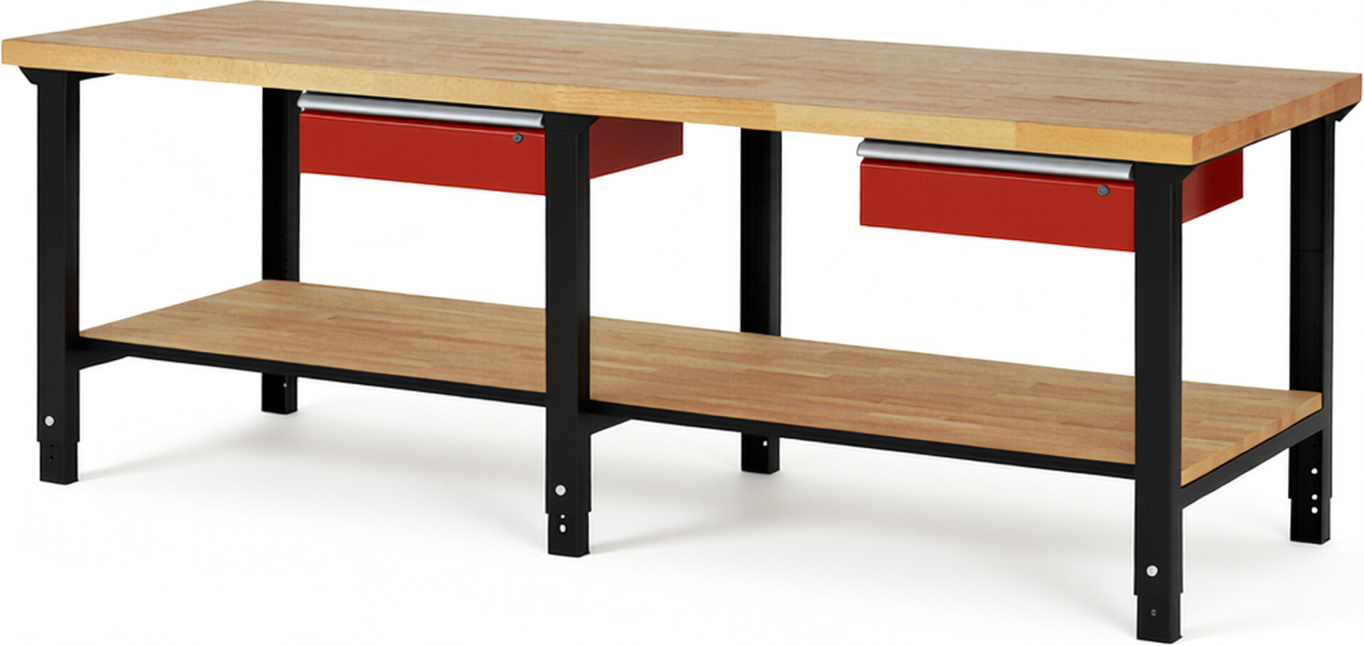 RAU Werkbank schwarz - rot - Breite 250 cm - Tiefe 90 cm - Höhe 114 cm - Buche-Massiv Arbeitsplatte 40 mm