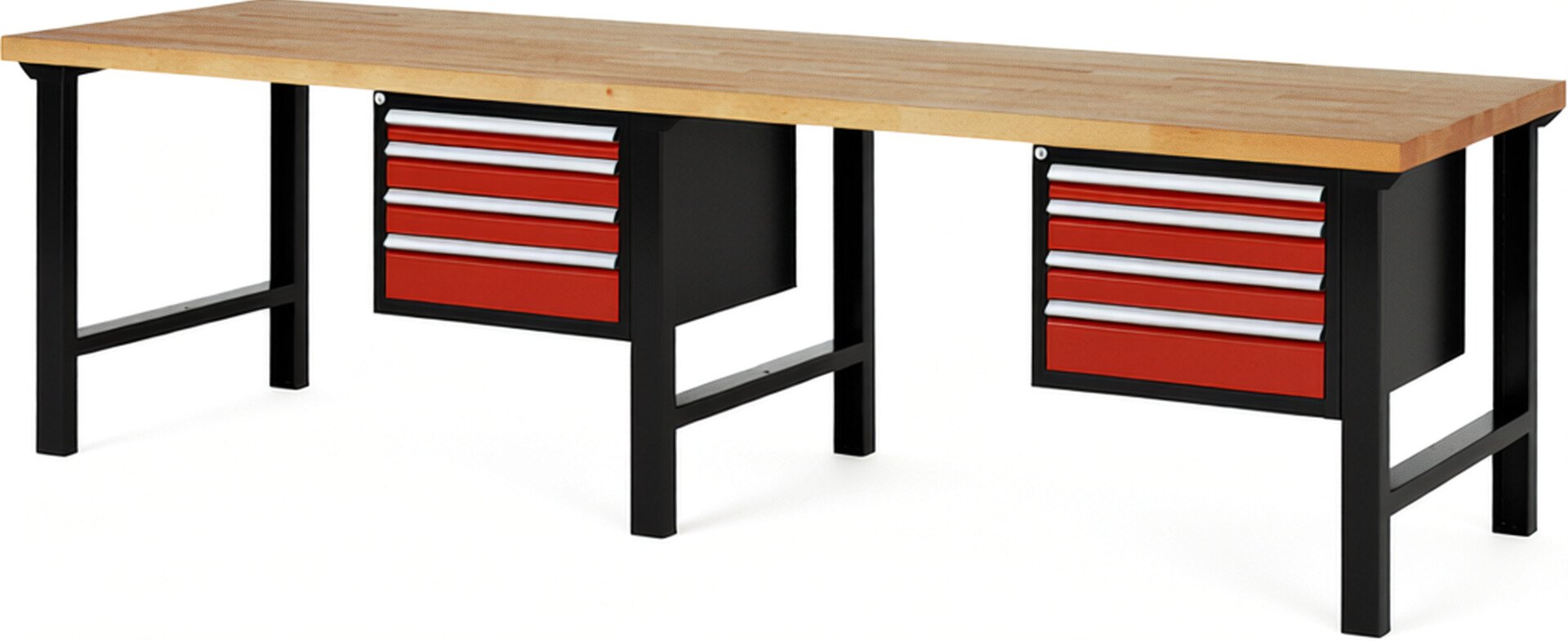 RAU Werkbank schwarz - rot - Breite 300 cm - Tiefe 90 cm - Höhe 84 cm - Buche-Massiv Arbeitsplatte 40 mm