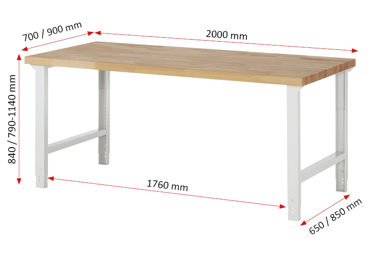 Werkbank Modell 7000 rot, BxTxH 2000x700x790-1140 mm,  Buche-Massiv Arbeitsplatte 40 mm