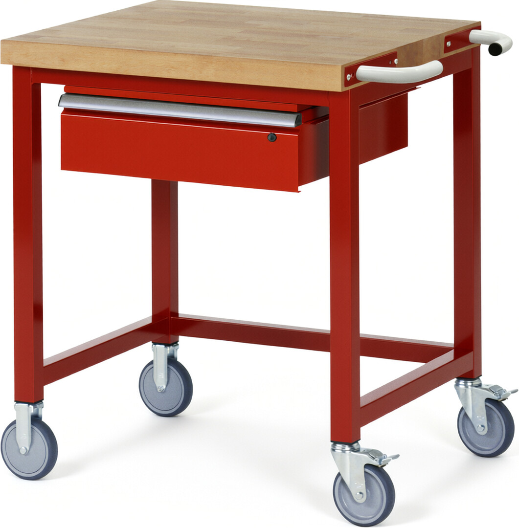 Fahrbare Werkbank Modell 8001 rot, BxTxH 750x700x880-1080 mm,  Buche-Massiv Arbeitsplatte 40 mm,  1 Schublade mit  Auszug 90 %